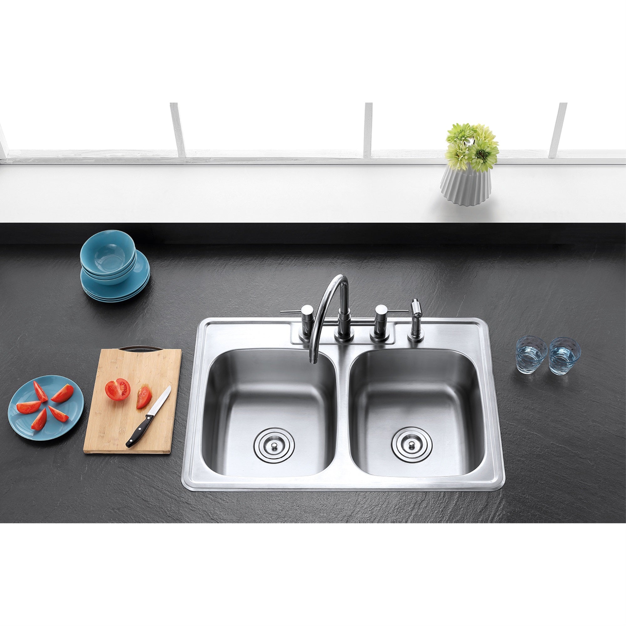 Gourmetier GKTD33228 Drop-in Double Bowl Kitchen Sink  Brushed