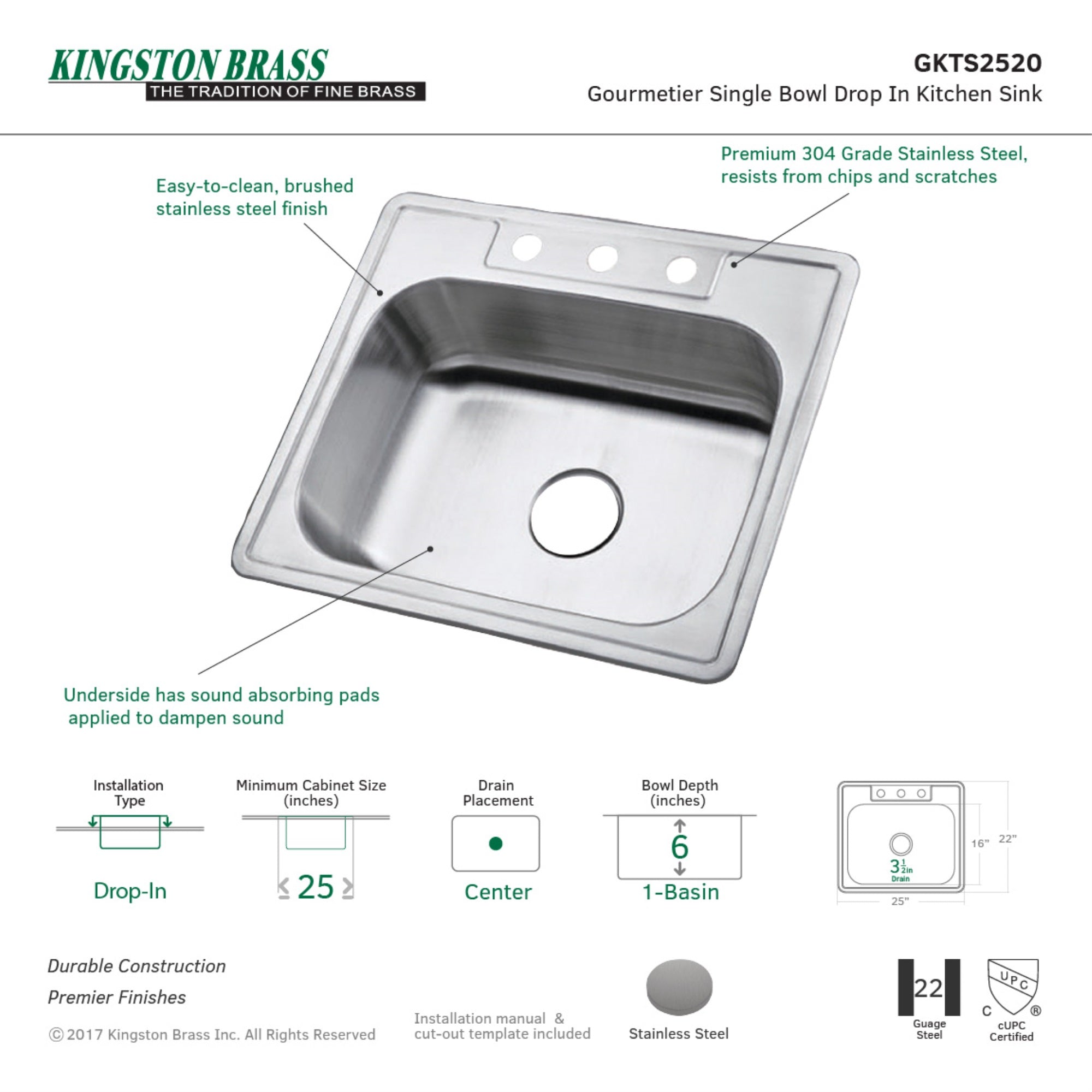Gourmetier GKTS2520 Drop-in Single Bowl Kitchen Sink  Brushed