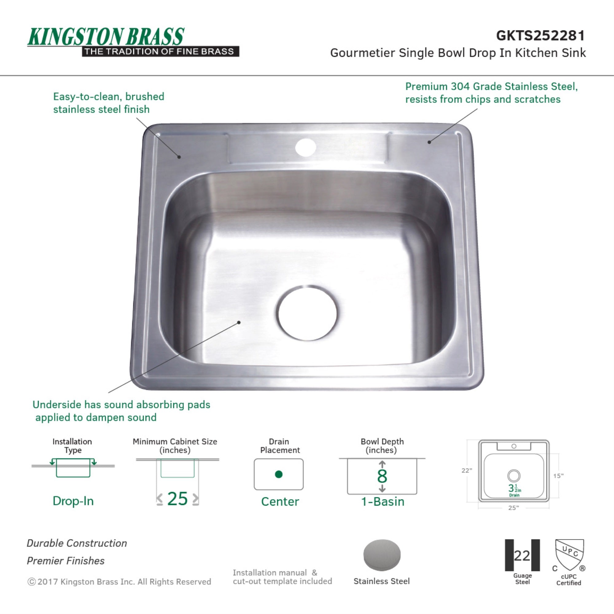 Gourmetier GKTS252281 Drop-in Single Bowl Kitchen Sink  Brushed