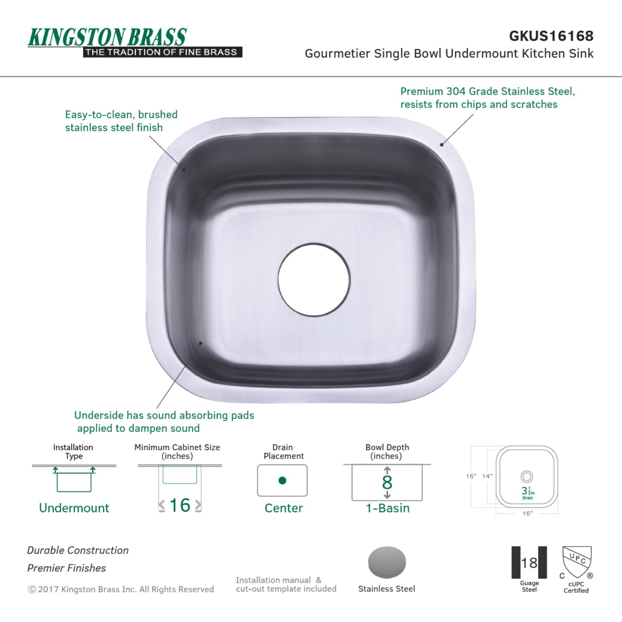 Gourmetier GKUS16168 Undermount Single Bowl Kitchen Sink  Brushed
