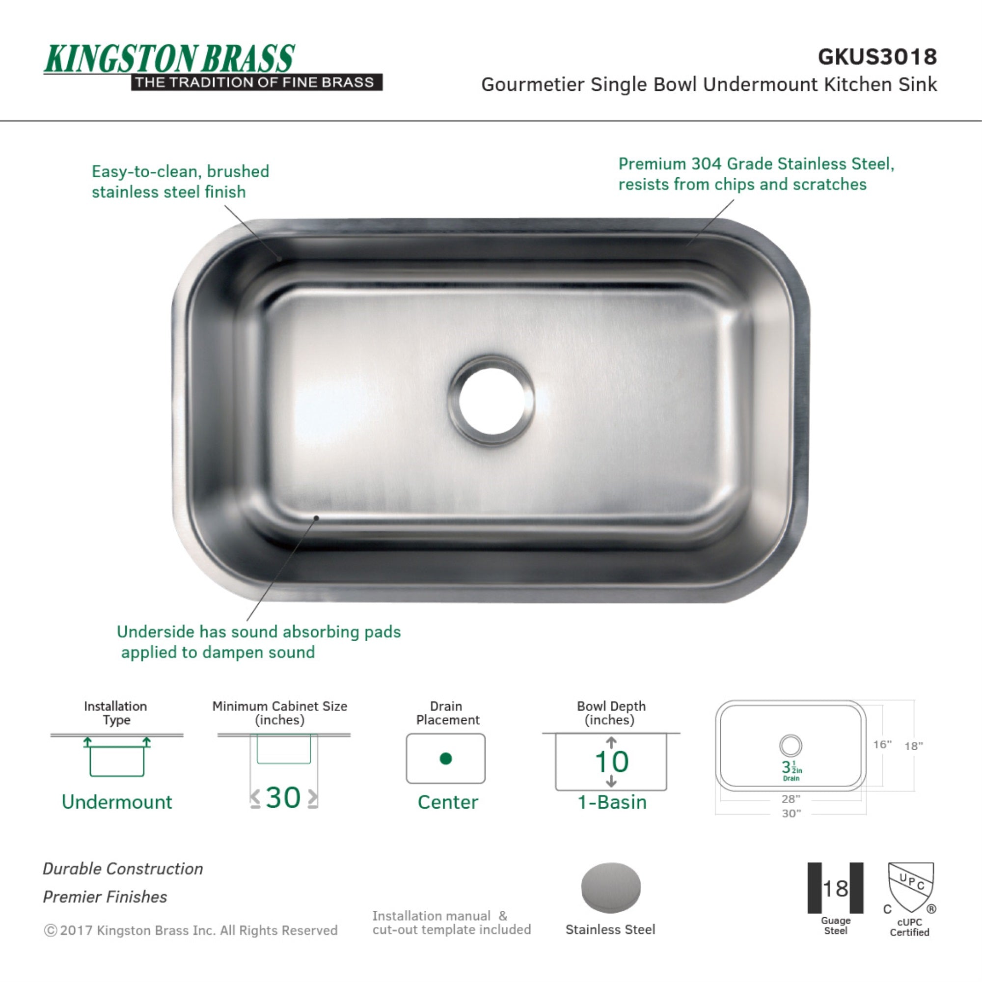 Gourmetier GKUS3018 Undermount Single Bowl Kitchen Sink  Brushed