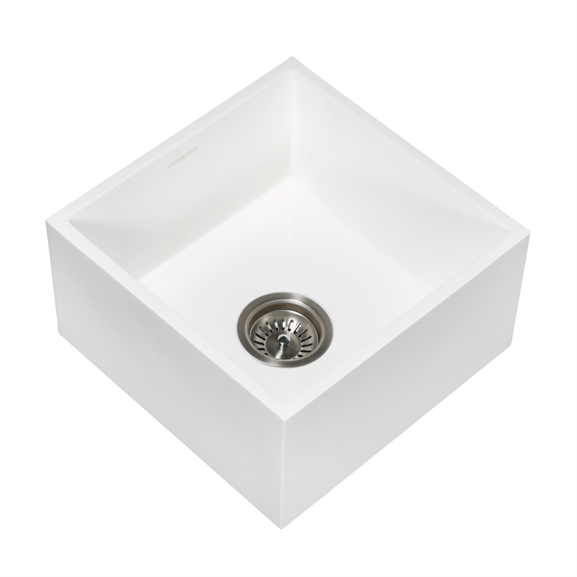 Gourmetier Gkusa15158 Arcticstone Solid Surface Undermount 15'' Square Single Bowl Bar Sink With Drain, Matte White