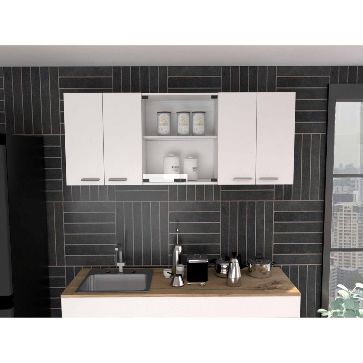 Tuhome Superior 150 Wall Cabinet With Glass, Four Internal Shelves, Glass Cabinet, Two Double Door Cabinet, Racks, White, For Ki