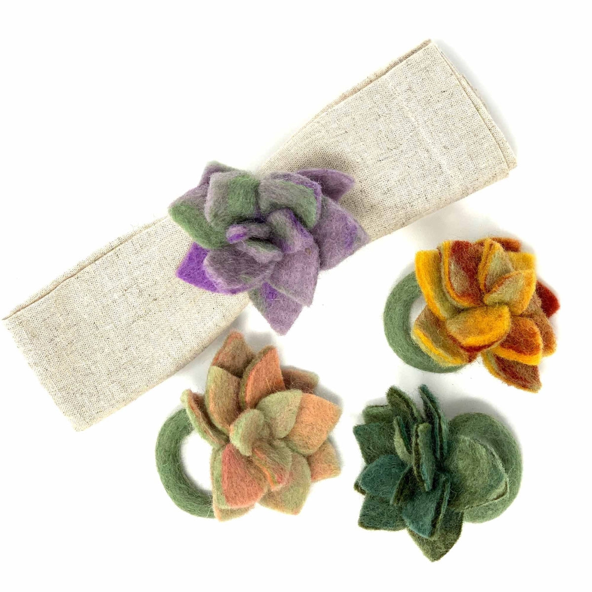 Global Groove GLG70019-0X-K4-A Hand-Felted Succulent Napkin Rings  Assorted Color - Set of 4
