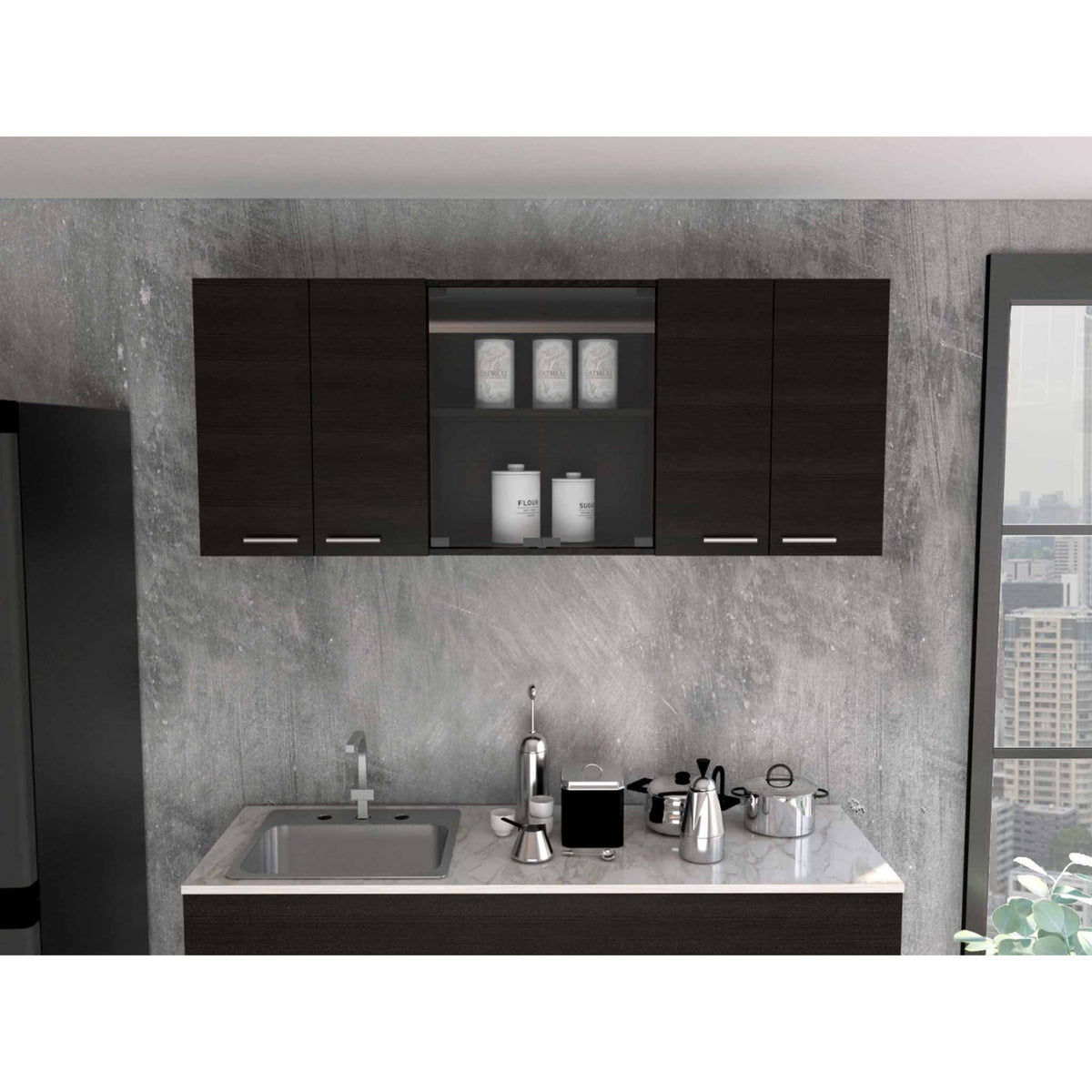 Tuhome Superior 150 Wall Cabinet With Glass, Four Internal Shelves, Glass Cabinet, Two Double Door Cabinet, Racks, Black, For Ki