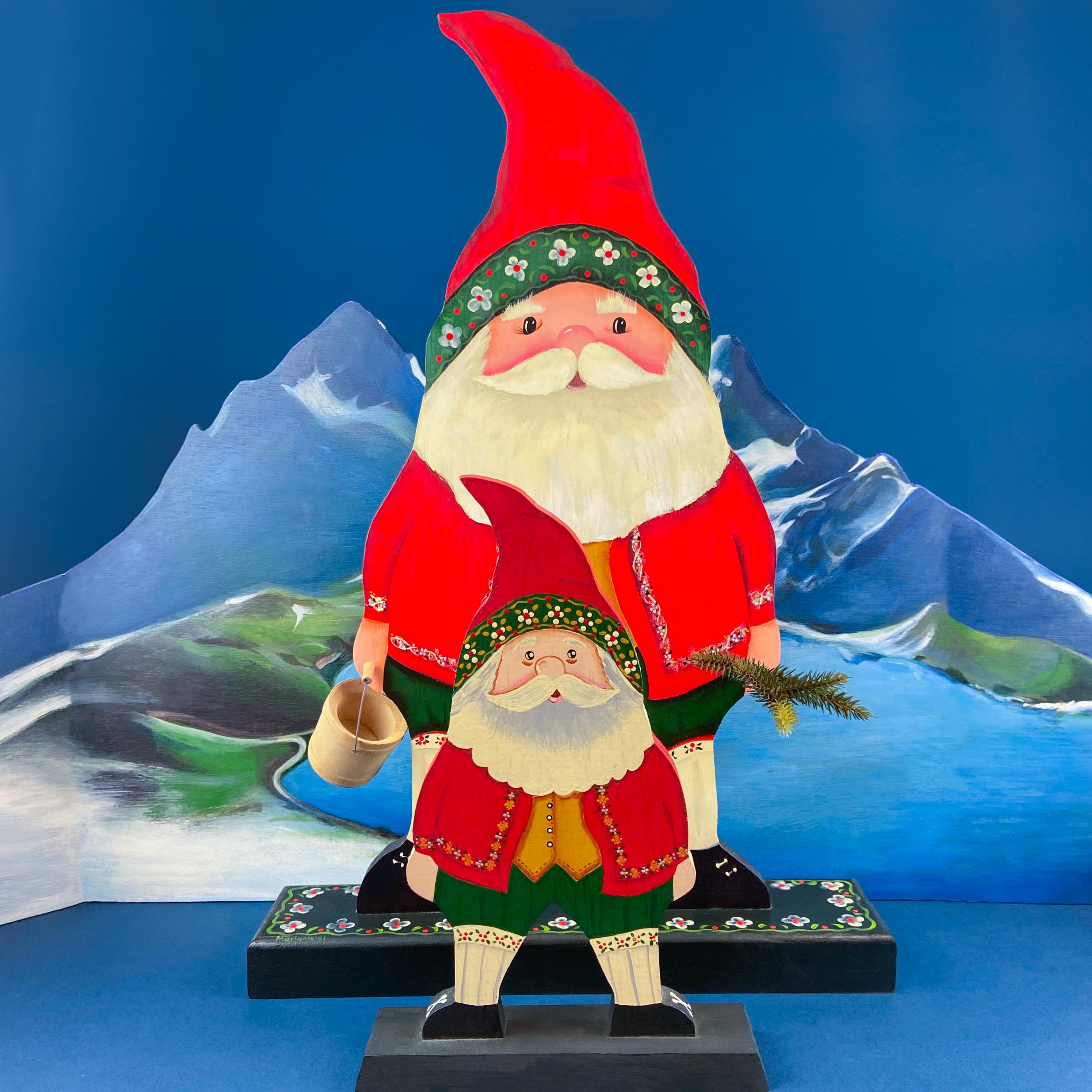 Two Large Hand-Painted on Wood German Santas or Elves. Rare Belsnickles in Traditional Folk  Dress. Nordic Christmas Decor. Home Retail Display.