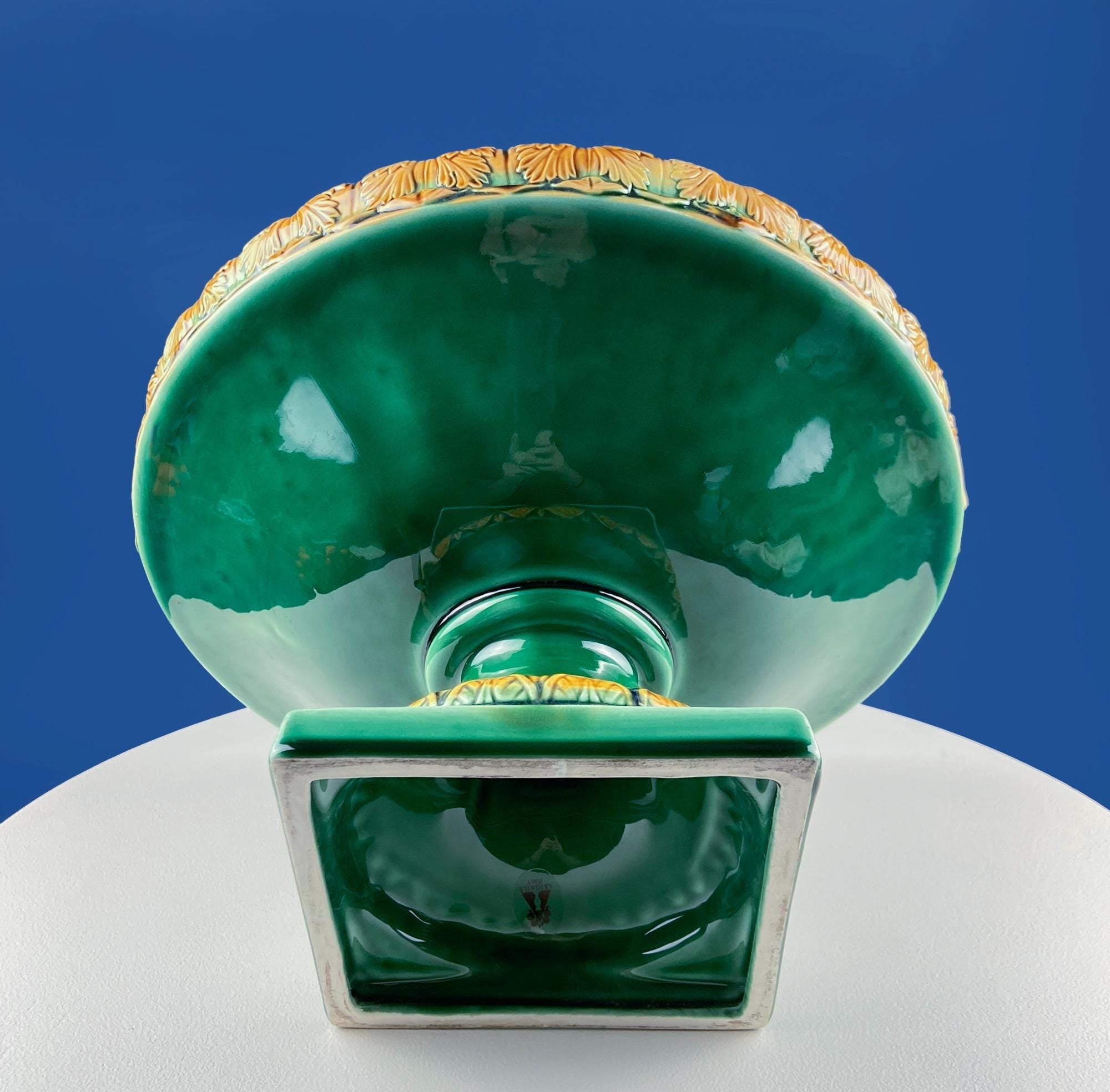 Green Majolica Ceramic Centerpiece Bowl with Gold Relief. Abigails Italy. Art Nouveau Flower Fern Jardiniere. Table Centerpiece. Dining Room Decor.