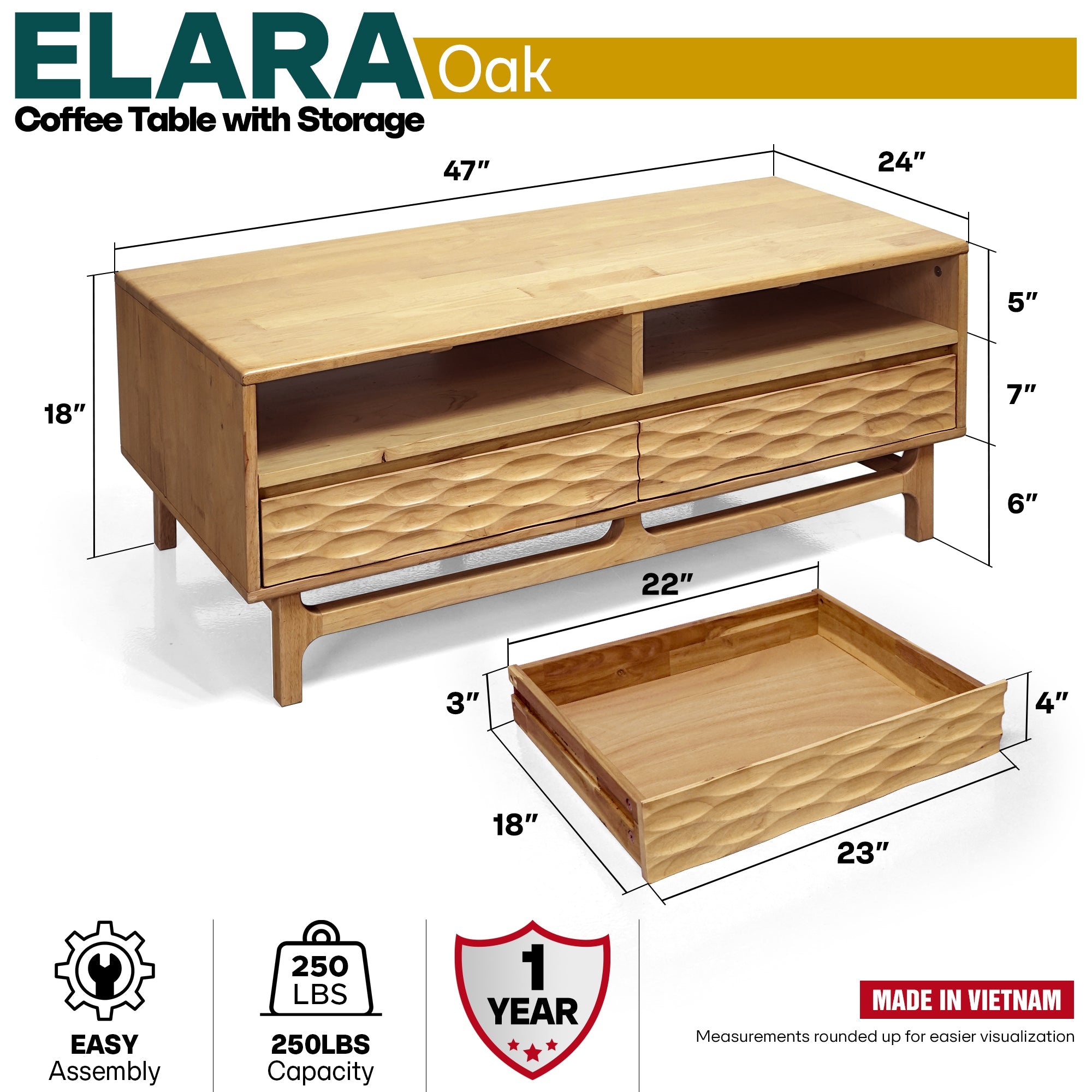 Acacia Elara 47.2” Rectangular Coffee Table with Drawers & Open Storage