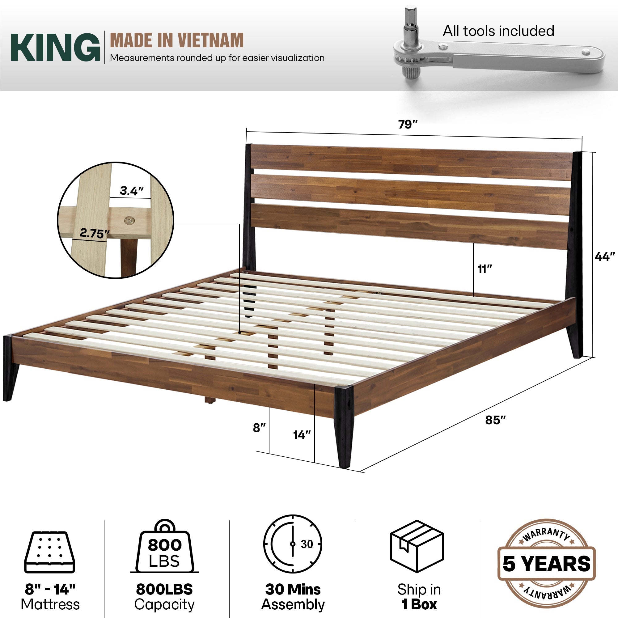 Acacia Emery Solid Wood Bed Frame - Stylish and Durable Acacia Wood Design for Your Bedroom