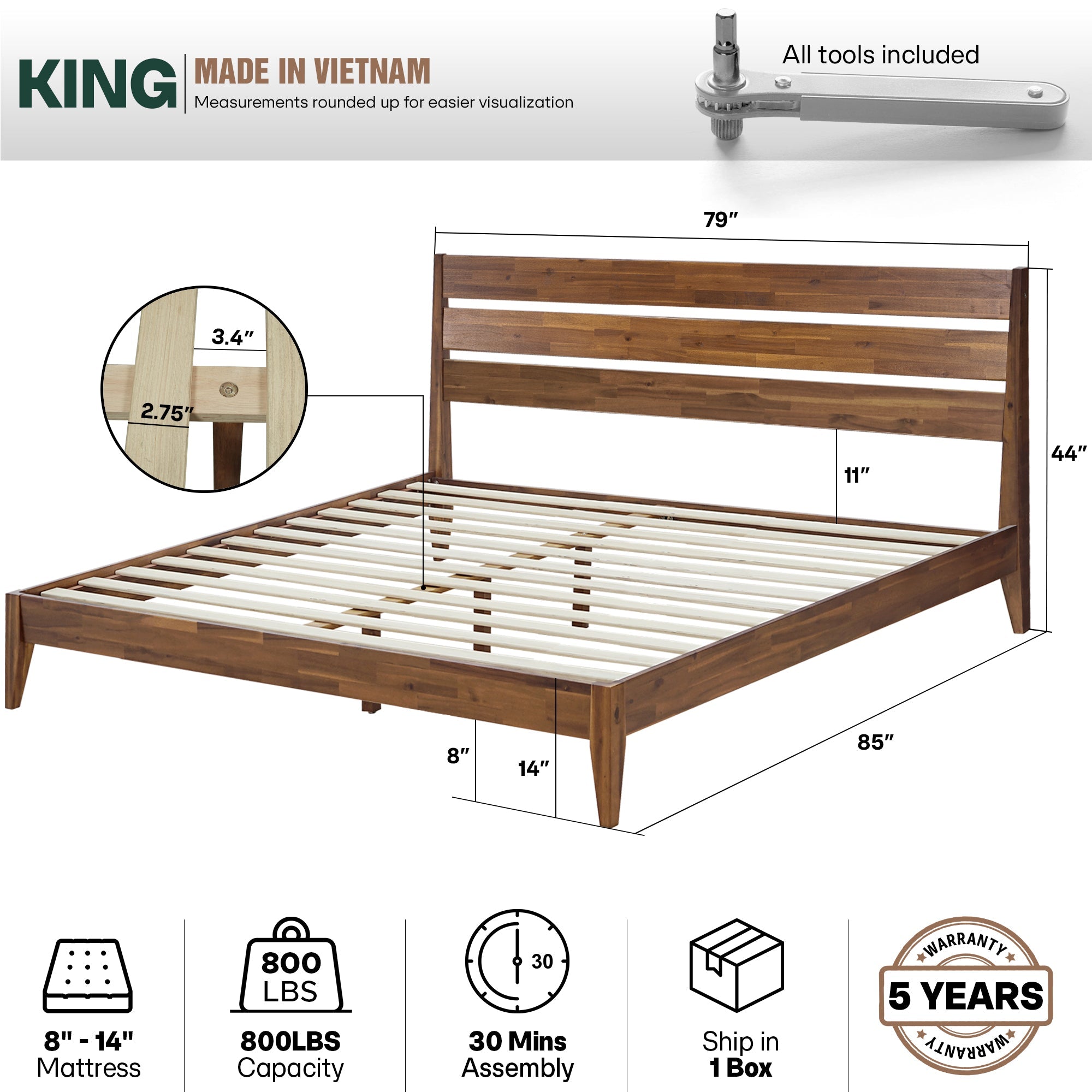 Acacia Emery Solid Wood Bed Frame - Stylish and Durable Acacia Wood Design for Your Bedroom