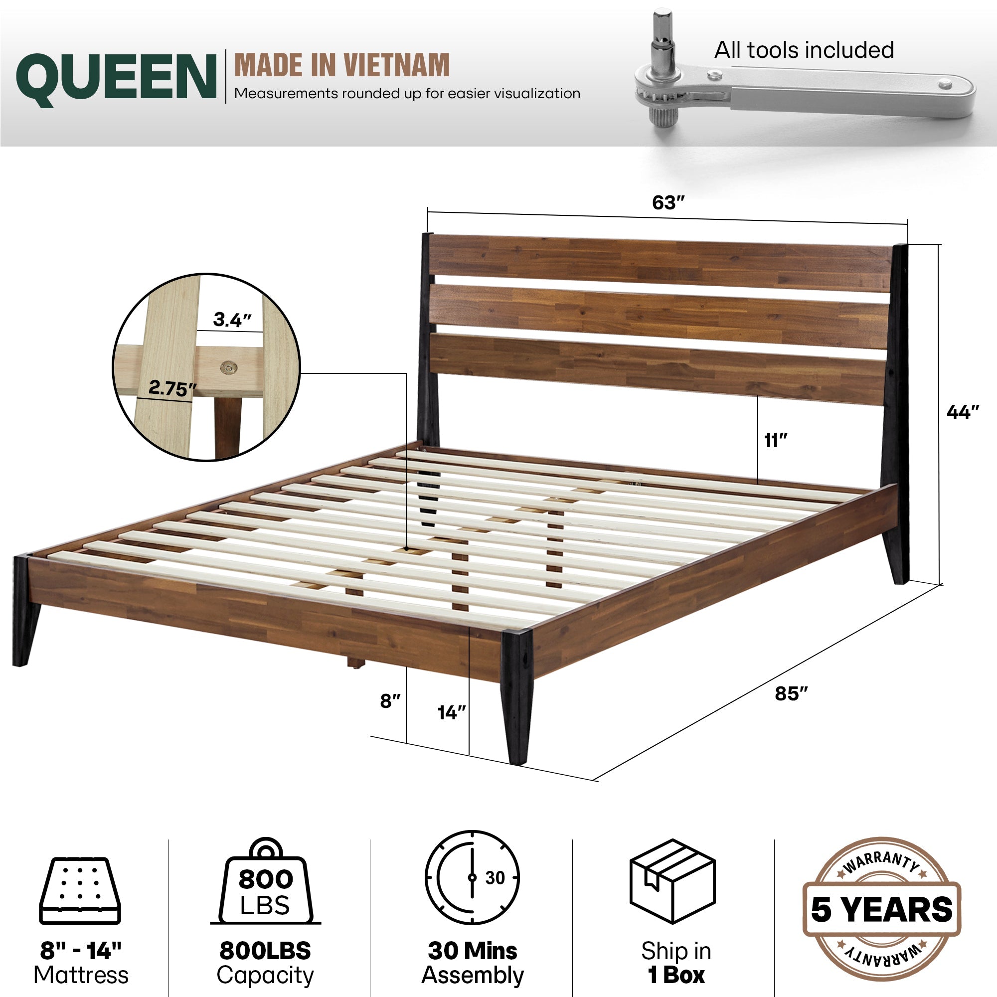 Acacia Emery Solid Wood Bed Frame - Stylish and Durable Acacia Wood Design for Your Bedroom