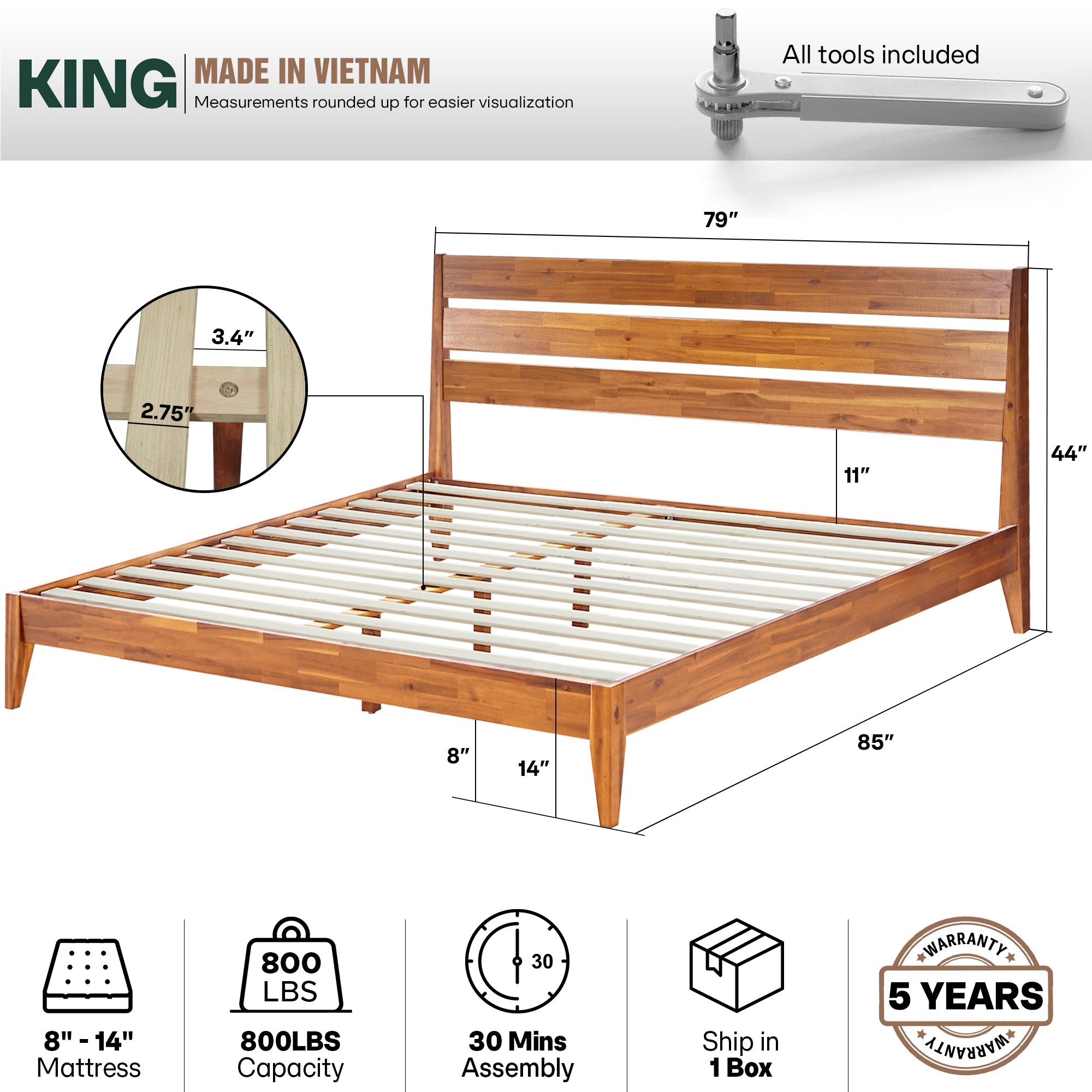 Acacia Emery Solid Wood Bed Frame - Stylish and Durable Acacia Wood Design for Your Bedroom