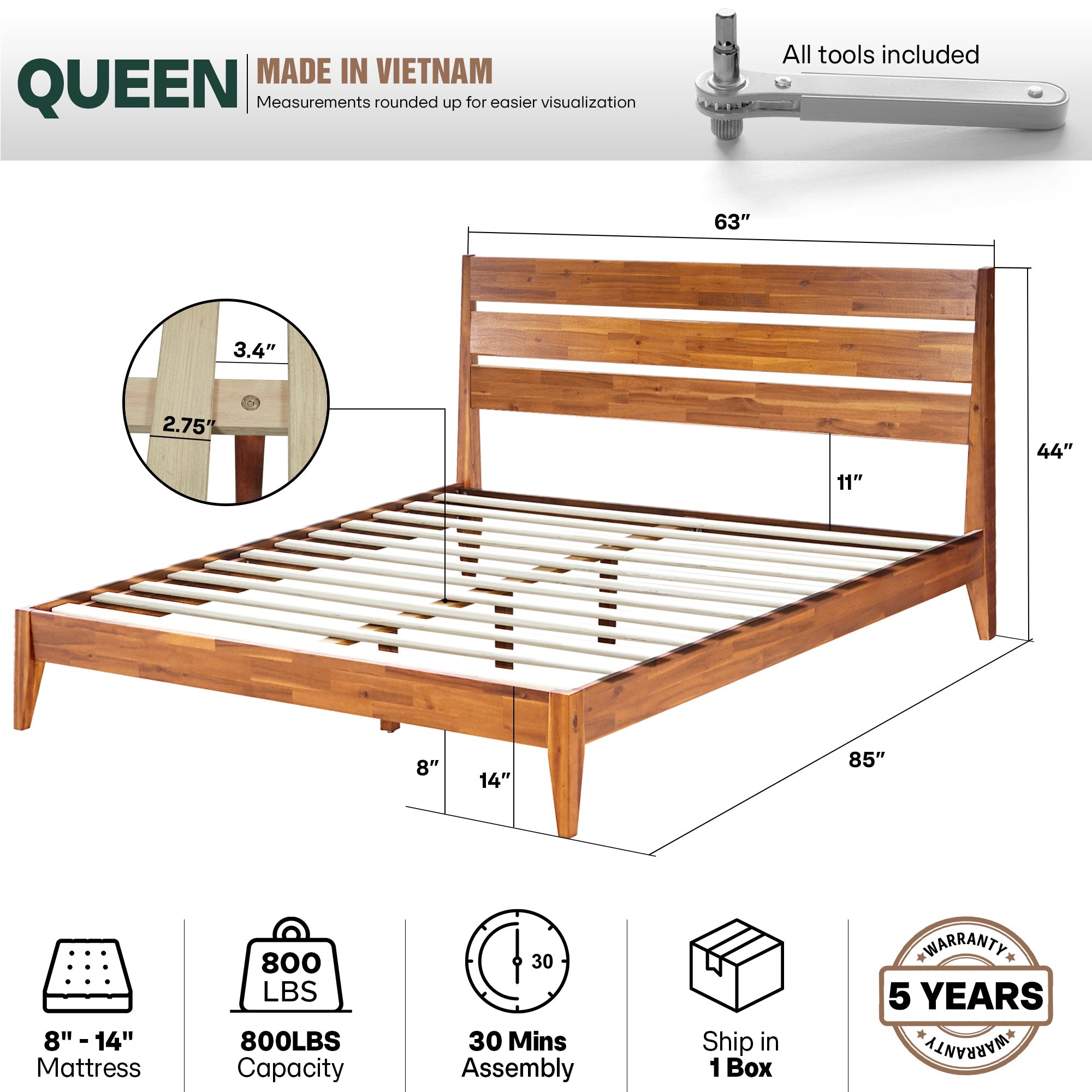 Acacia Emery Solid Wood Bed Frame - Stylish and Durable Acacia Wood Design for Your Bedroom