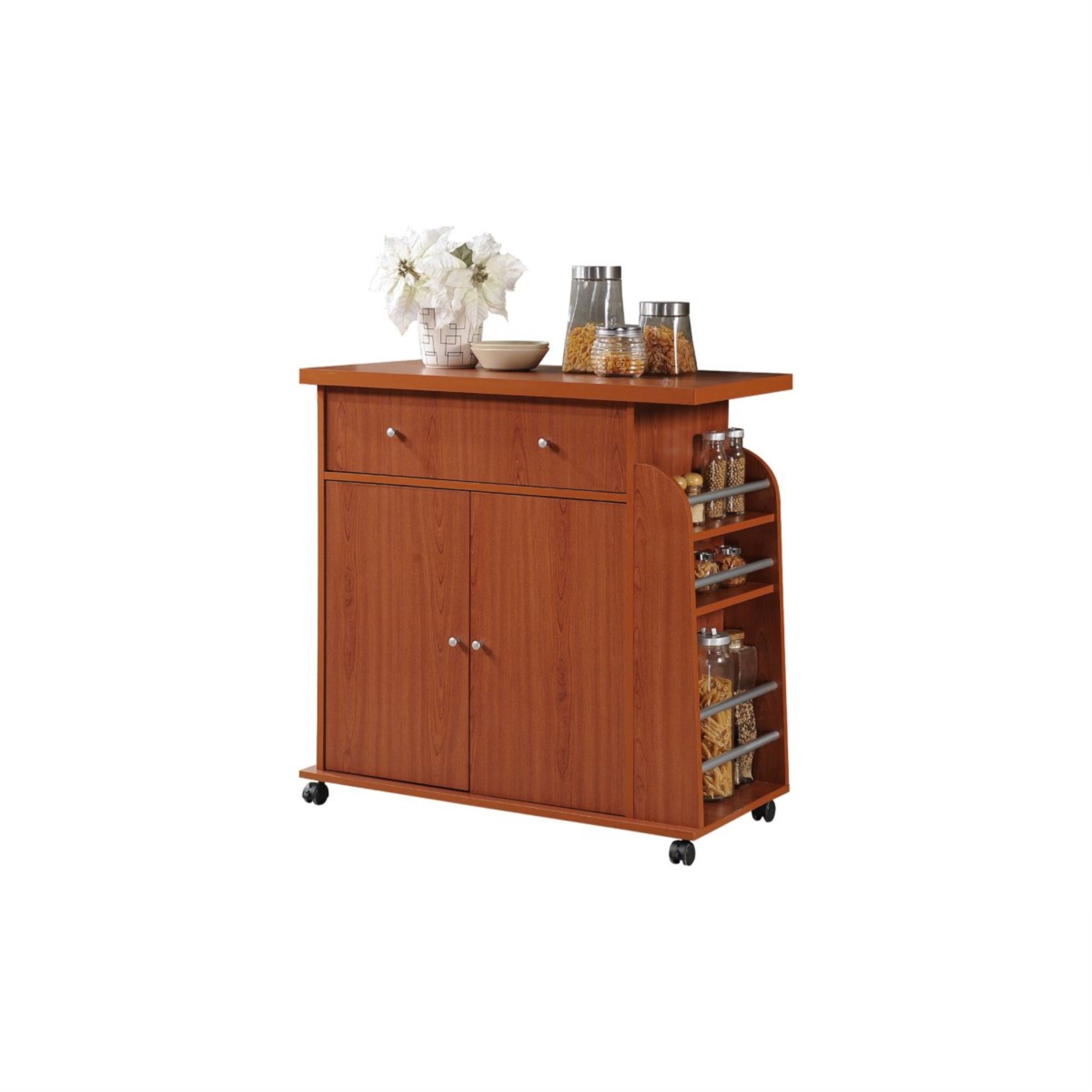 Hodedah Kitchen Cart With Spice Rack In Cherry