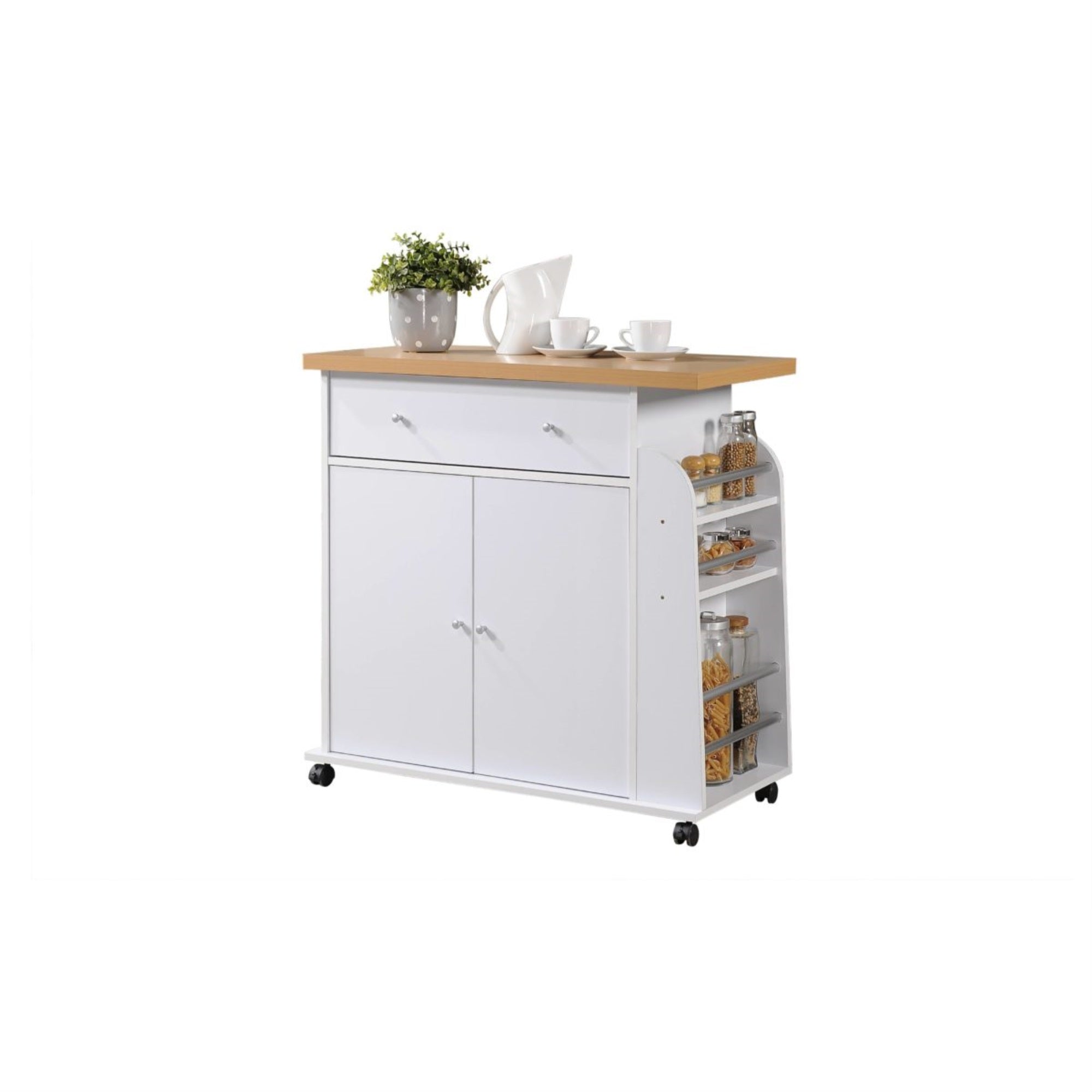 Hodedah Kitchen Cart With Spice Rack In White