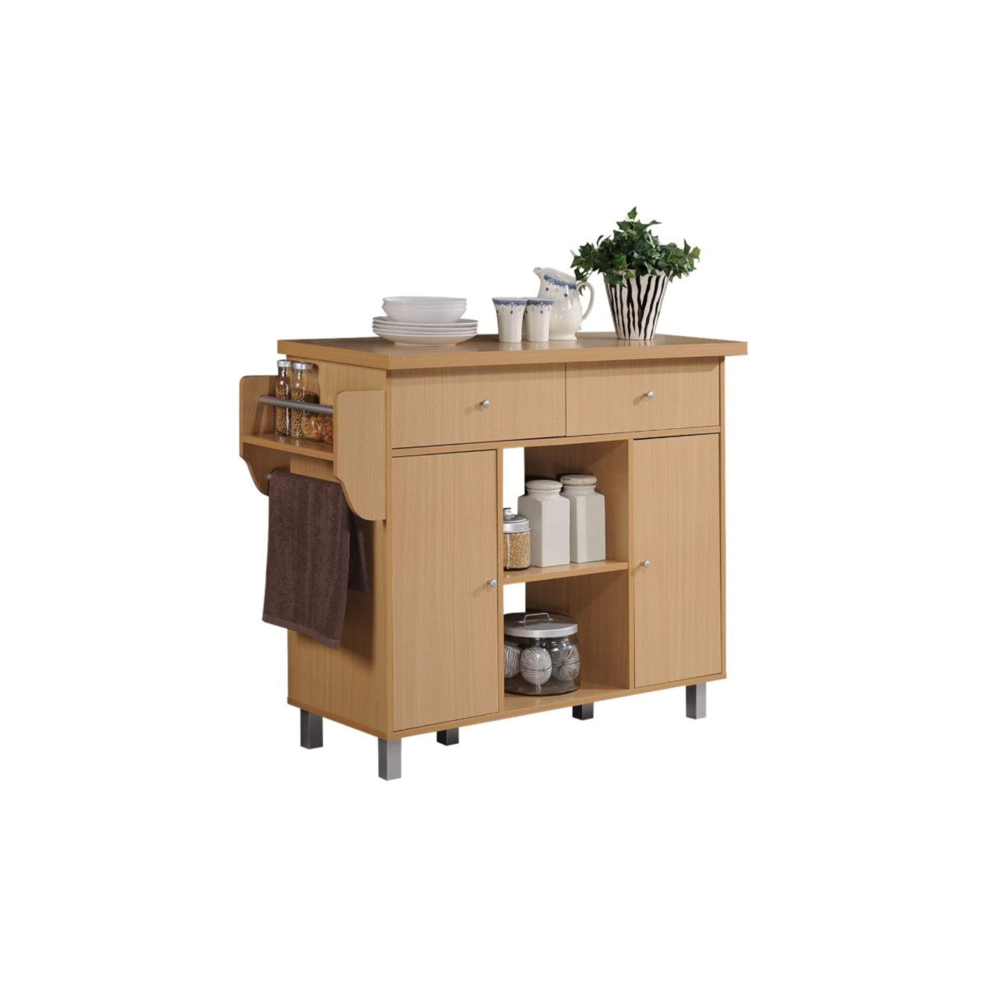 Hodedah Kitchen Island With Spice Rack Plus Towel Holder In Beech