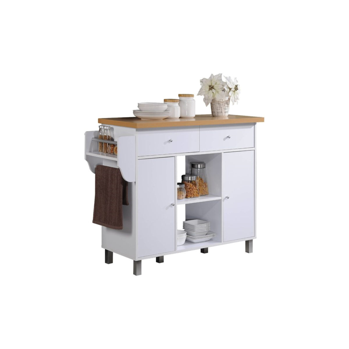 Hodedah Kitchen Island With Spice Rack Plus Towel Holder In White