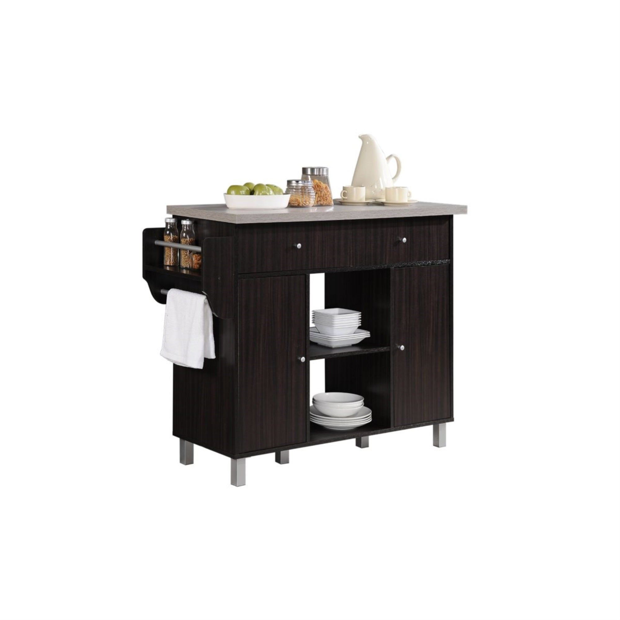 Hodedah Kitchen Island With Spice Rack Plus Towel Holder In Chocolate-Grey