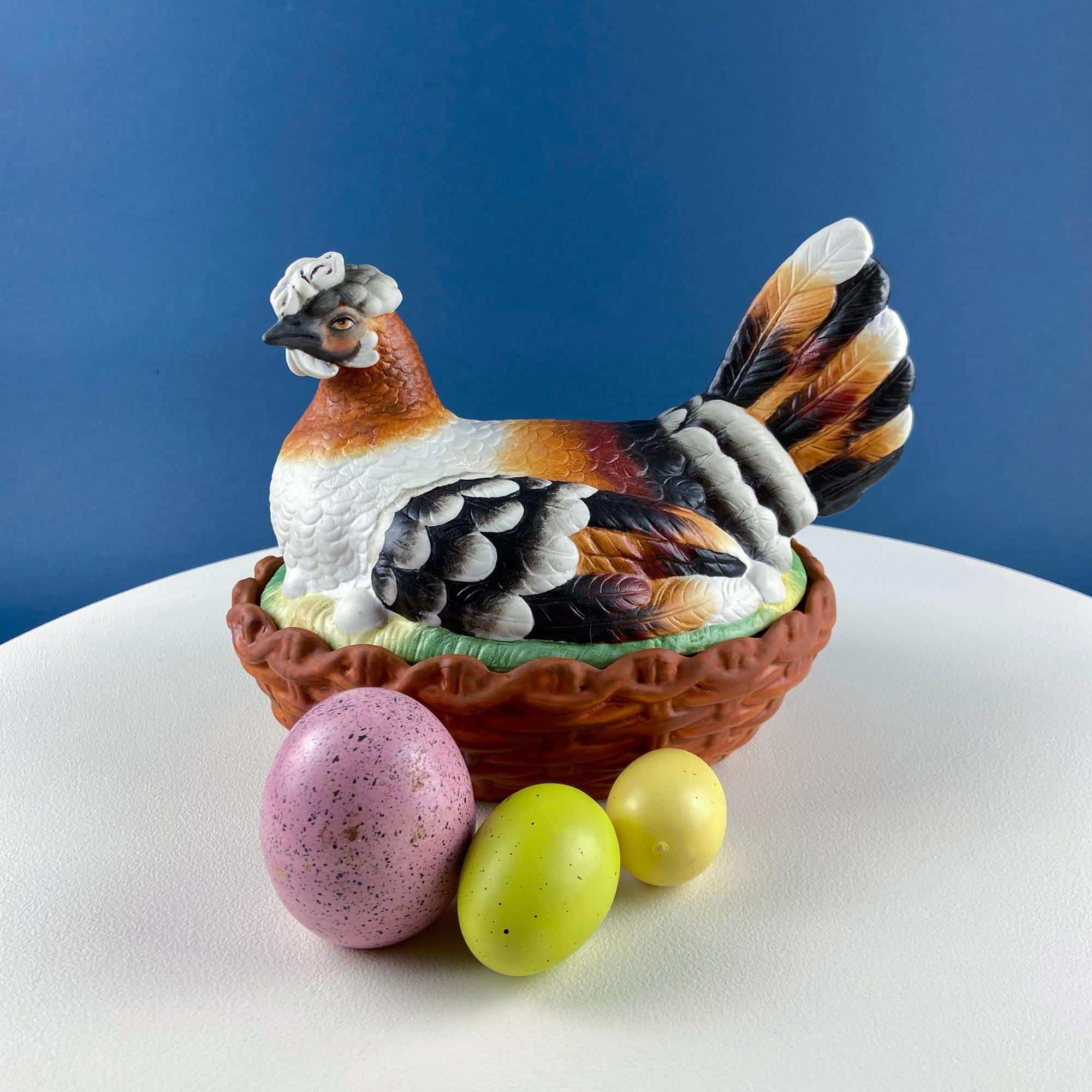 Hand Painted Large Hen in a Basket Covered Serving Bowl. Rare Ceramic Chicken Sitting on Eggs Butter Bowl with Lid. Dining Room Decor