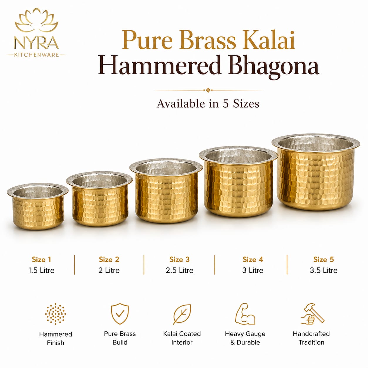 Traditional Brass Bhagona (Kalai Coated) | Heavy Peetal Cooking Pot with Tin-work - extra extra large