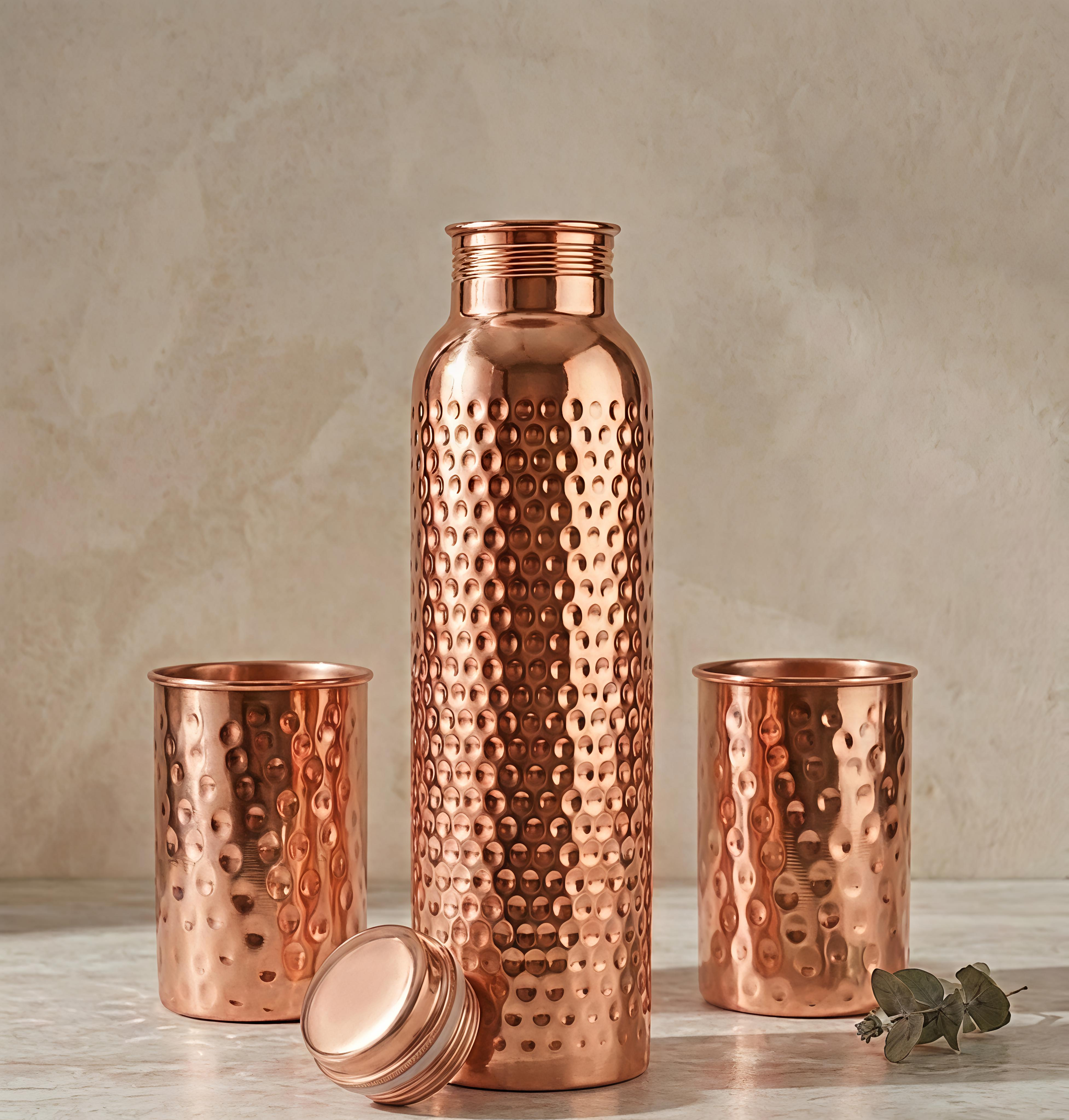 Pure Hammered Copper Water Bottle with 2 Tumbler Glasses Set | Ayurvedic Tamba Vessel for Health & Wellness