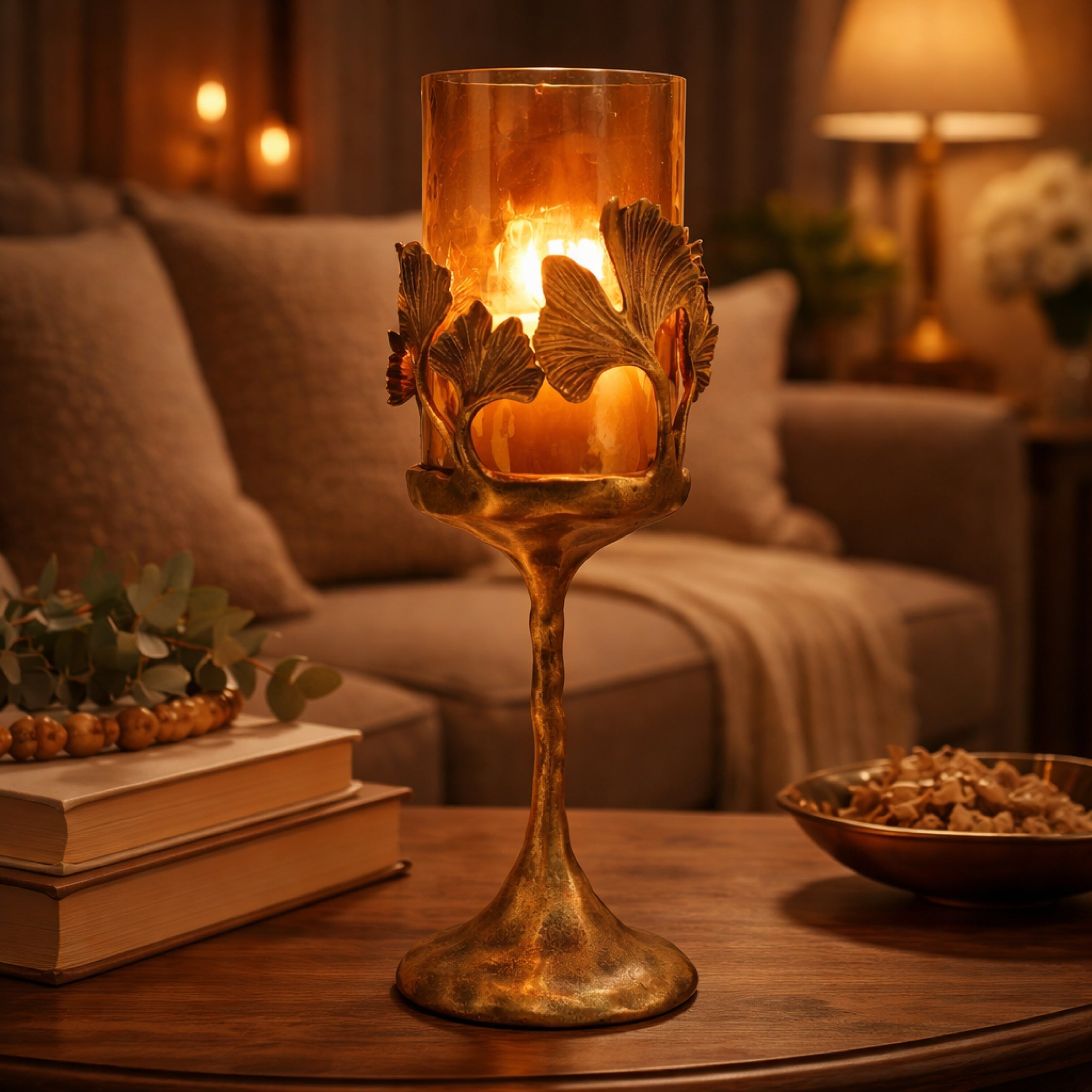 Gold Finished Candle Holder with Glass