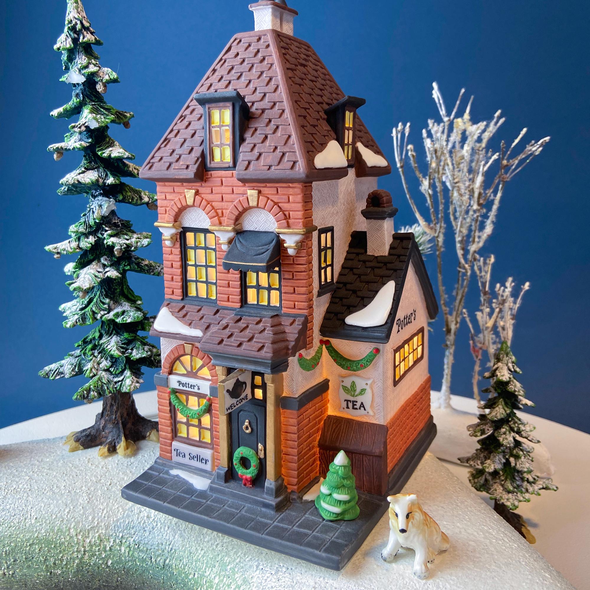 Illuminated Christmas Village Tea Seller House by Dept 56. Christmas in the City. Magical Holiday Home Retail Decor. Gift for Tea Lover.