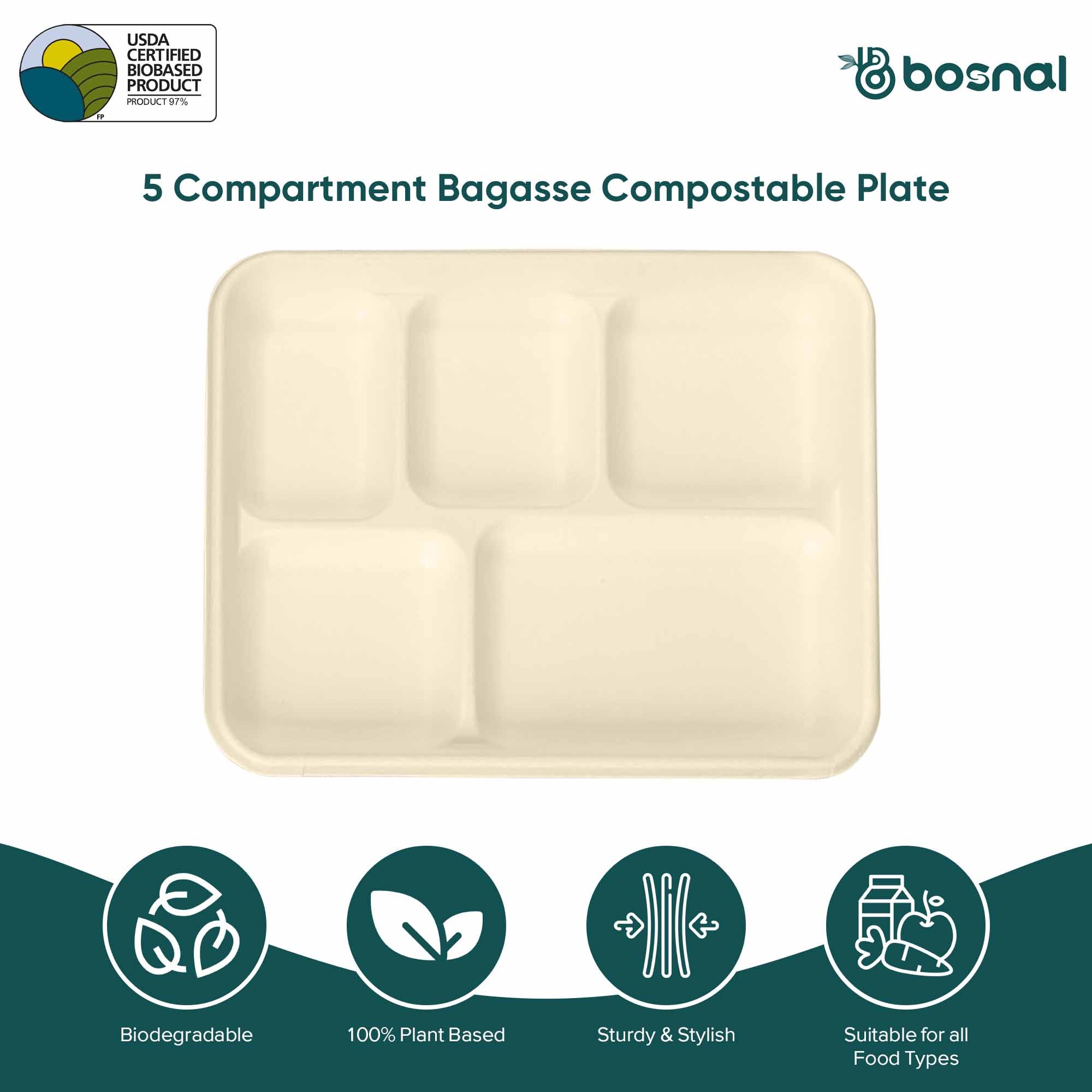 Bosnal - Sugarcane Bagasse Compostable 5-Compartment Food Trays - Case of 16 (400 Pcs)