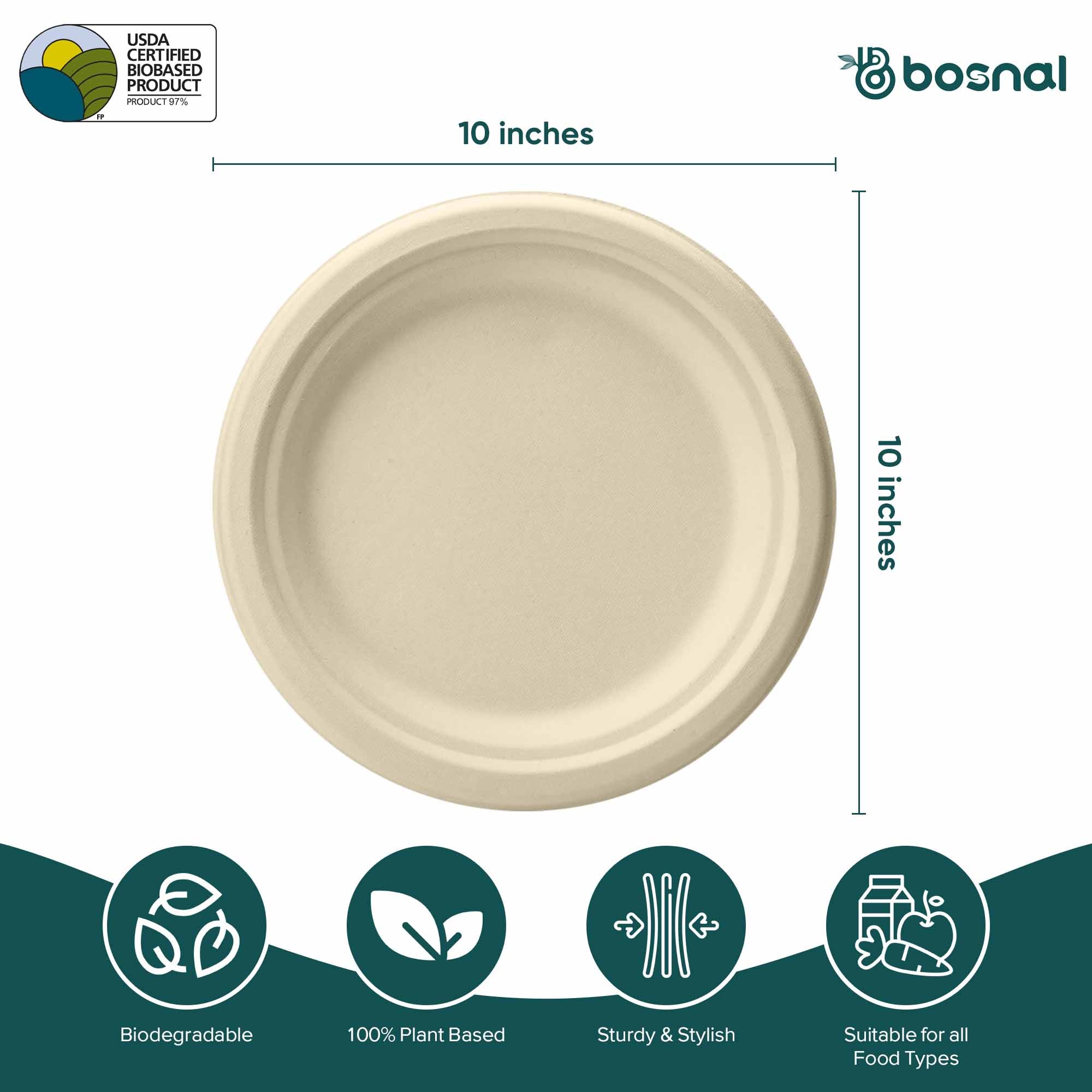 Bosnal - Sugarcane Bagasse Compostable 10 inch Round Plates - Case of 20 (500 Pcs)