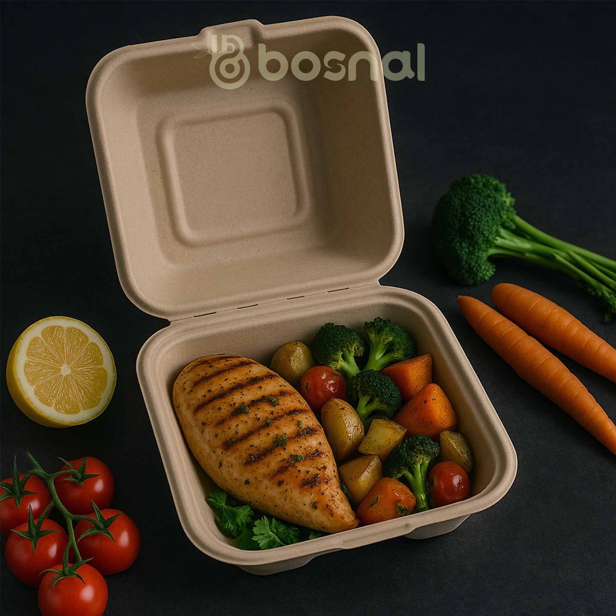 Bosnal - Sugarcane Bagasse Compostable Clamshell Boxes, 6 inch, Square