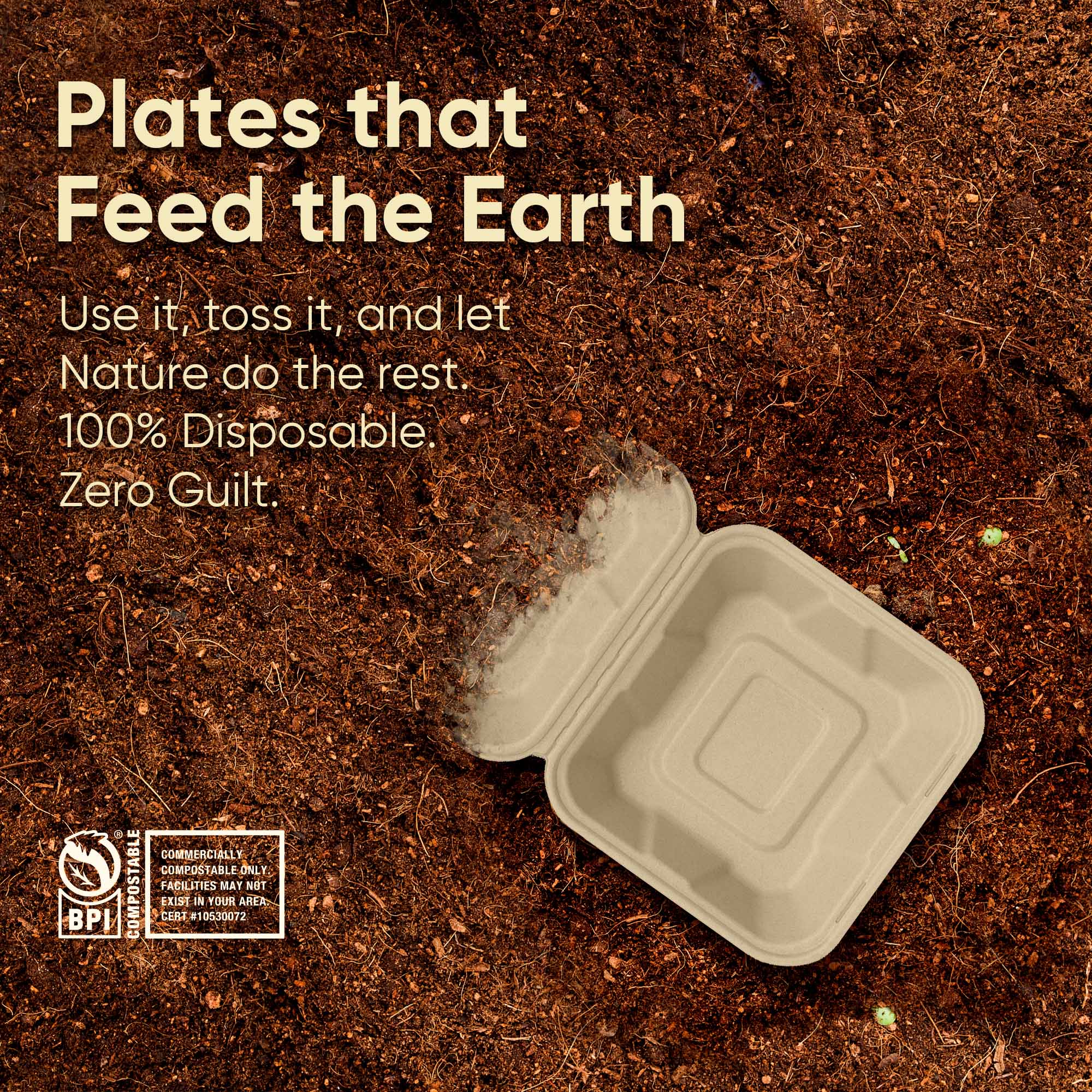 Bosnal - Sugarcane Bagasse Compostable Clamshell Boxes, 6 inch, Square