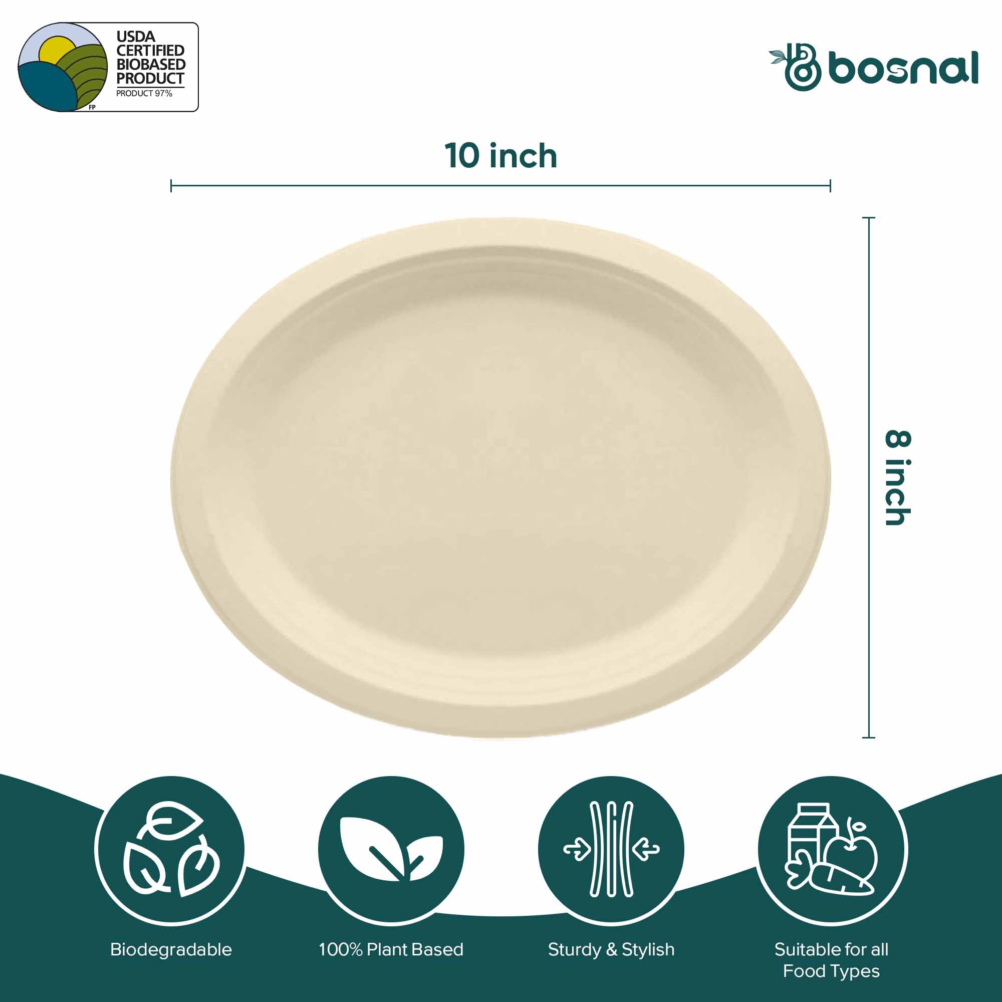 Bosnal - Sugarcane Bagasse Compostable Plates, 10 inch, Oval