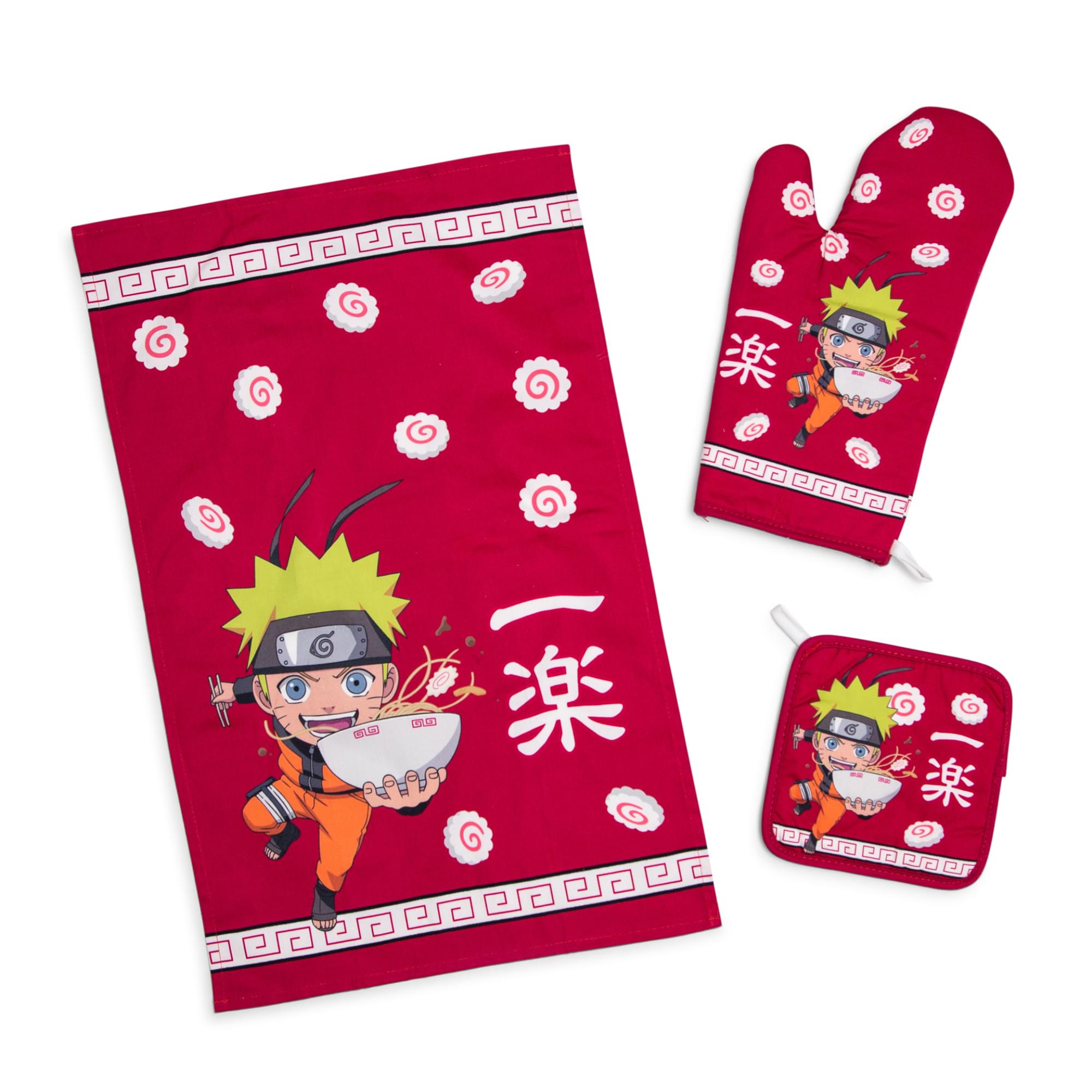 Naruto chibi Ramen 3-Piece Kitchen Set  Oven Mitt, Dish Towel, Pot Holder