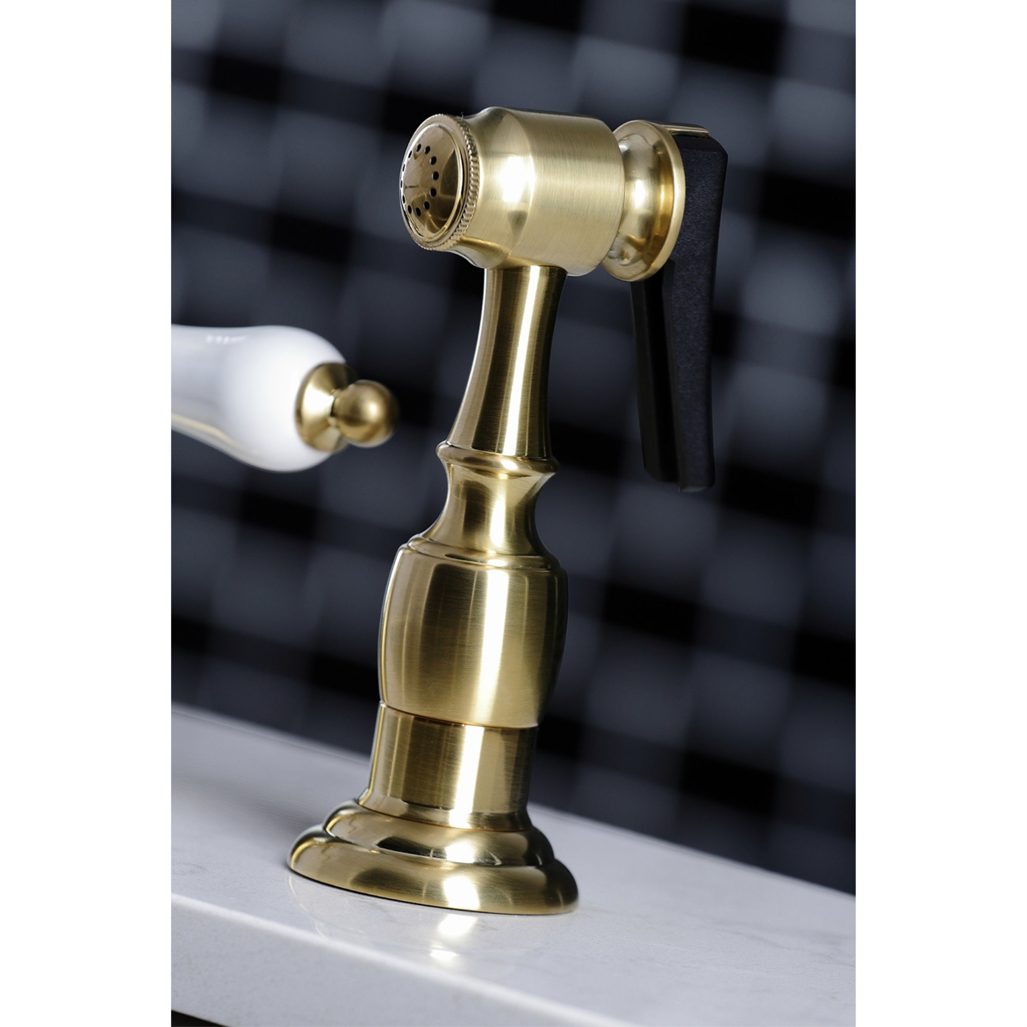 Kingston Brass Kb1797Plbs 8-Inch Widespread Kitchen Faucet With Brass Sprayer, Brushed Brass