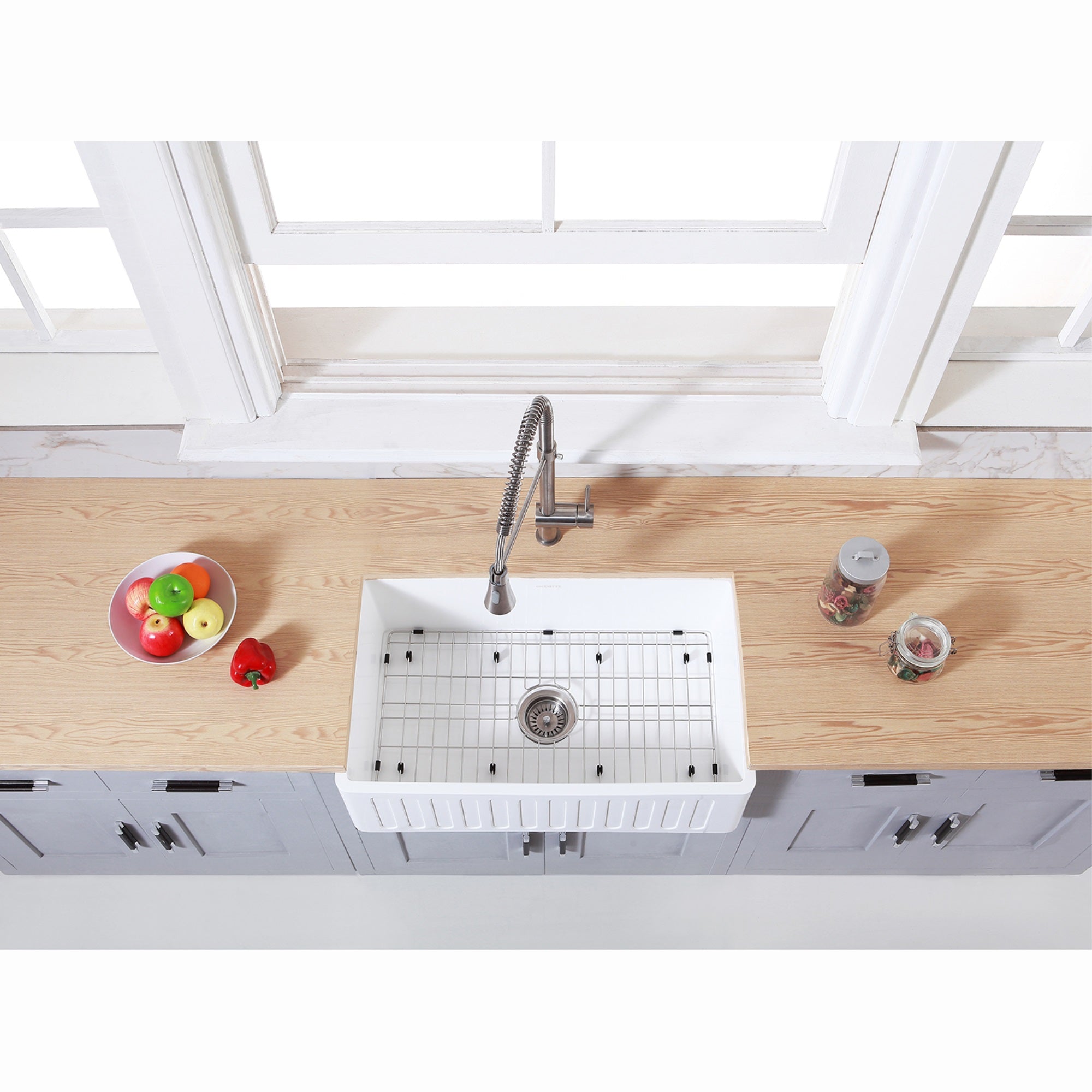 Gourmetier KGKFA301810RM Solid Surface Matte Stone Apron Front Farmhouse Single Bowl Kitchen Sink with Strainer and Grid  Matte White/Brushed