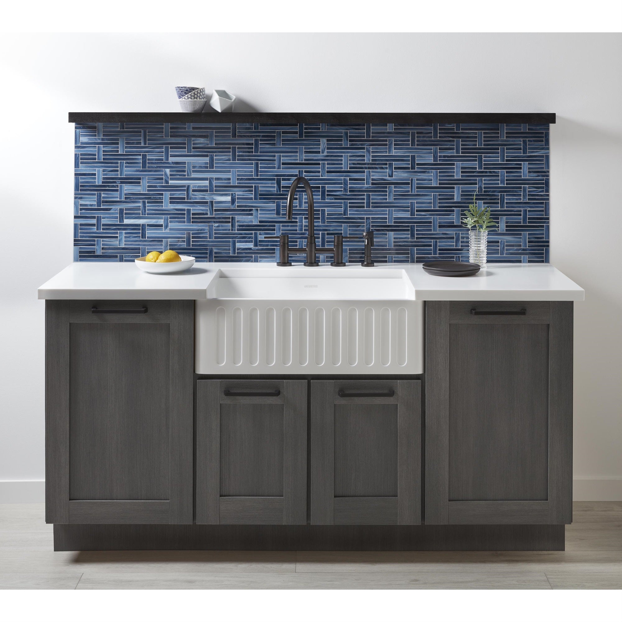 Gourmetier KGKFA301810RM Solid Surface Matte Stone Apron Front Farmhouse Single Bowl Kitchen Sink with Strainer and Grid  Matte White/Brushed