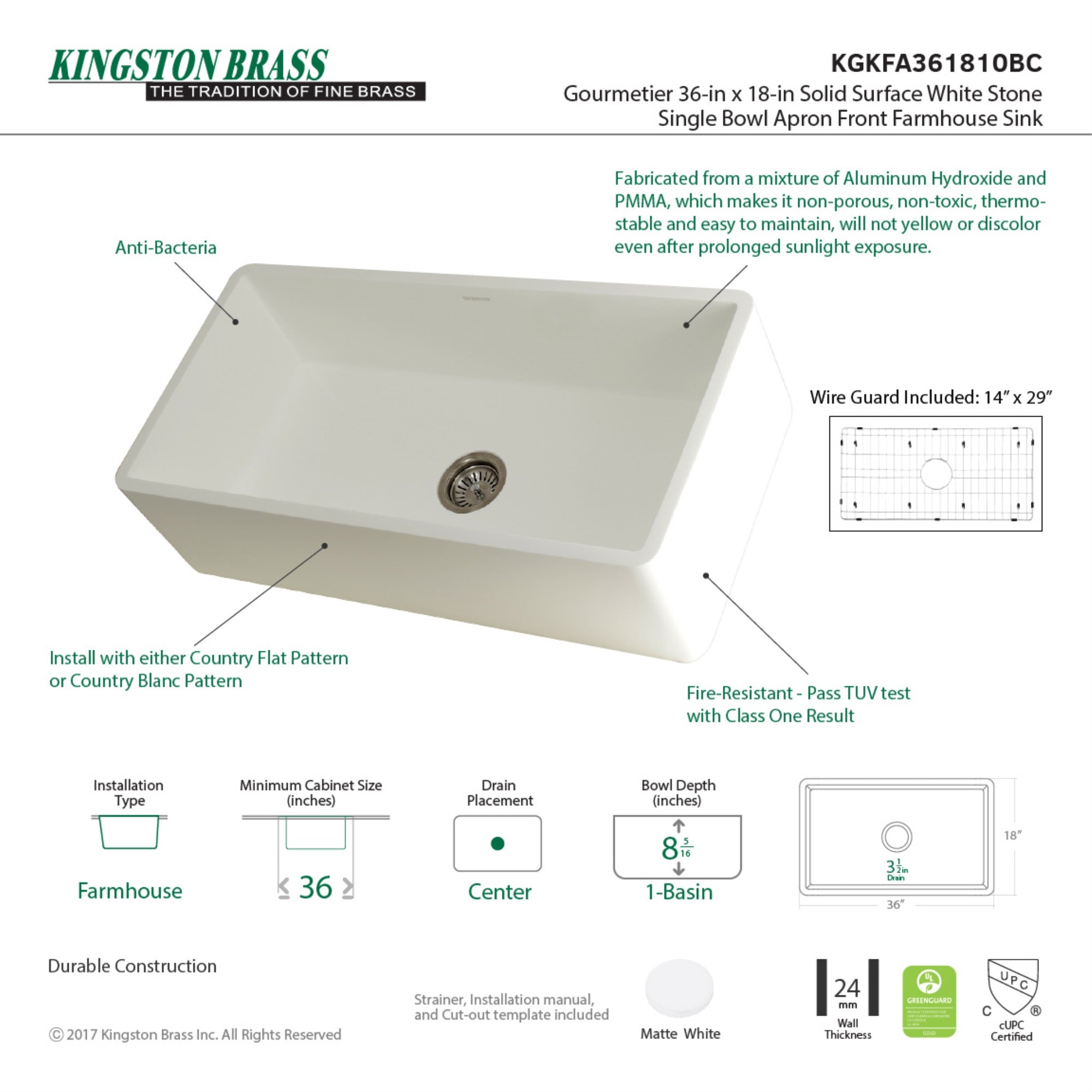 Gourmetier KGKFA361810BC 36'' x 18'' SGL Bowl Farmhouse Kitchen Sink  Drain & Rack