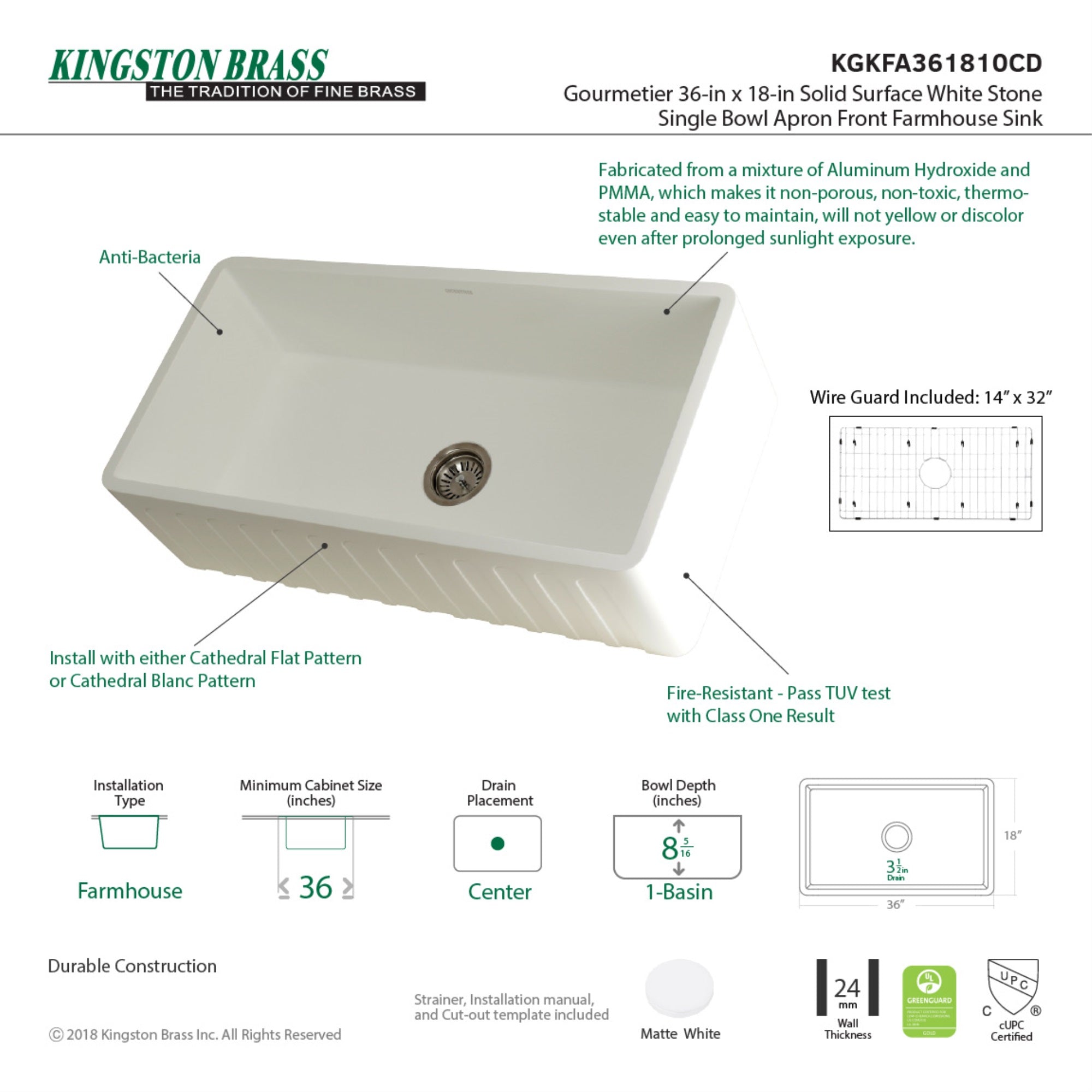 Gourmetier KGKFA361810CD 36'' x 18'' SGL Bowl Farmhouse Kitchen Sink  Drain & Rack