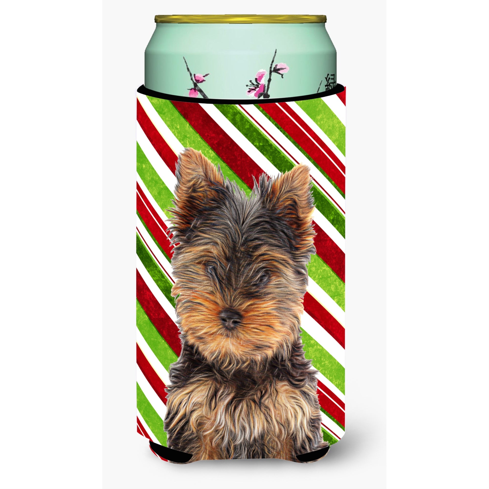 Candy Cane Holiday Christmas Yorkie Puppy / Yorkshire Terrier Tall Boy Beverage Insulator Hugger Kj1174Tbc