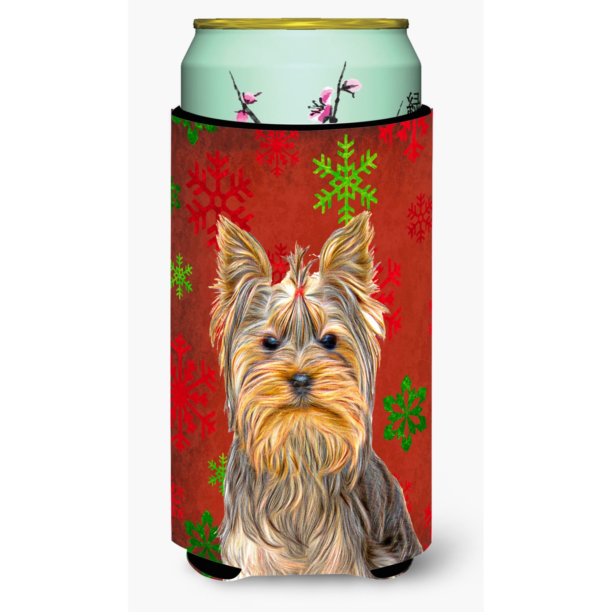 Red Snowflakes Holiday Christmas  Yorkie / Yorkshire Terrier Tall Boy Beverage Insulator Hugger Kj1184Tbc