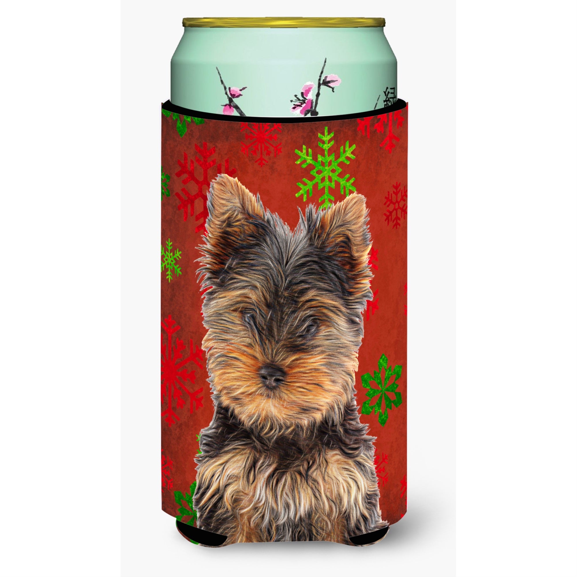 Red Snowflakes Holiday Christmas Yorkie Puppy / Yorkshire Terrier Tall Boy Beverage Insulator Hugger Kj1188Tbc