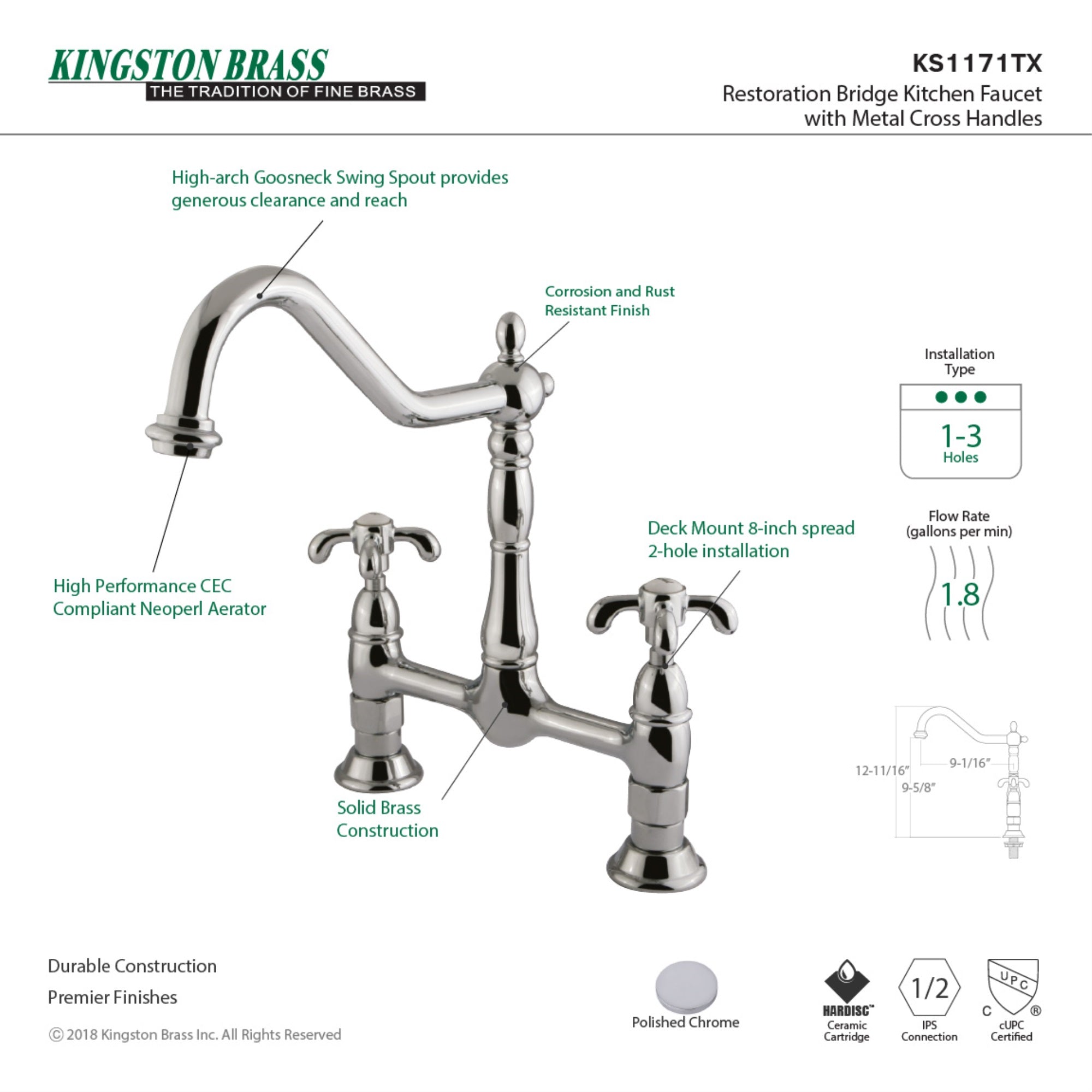 Kingston Brass Ks1171Tx French Country Kitchen Bridge Faucet, Polished Chrome