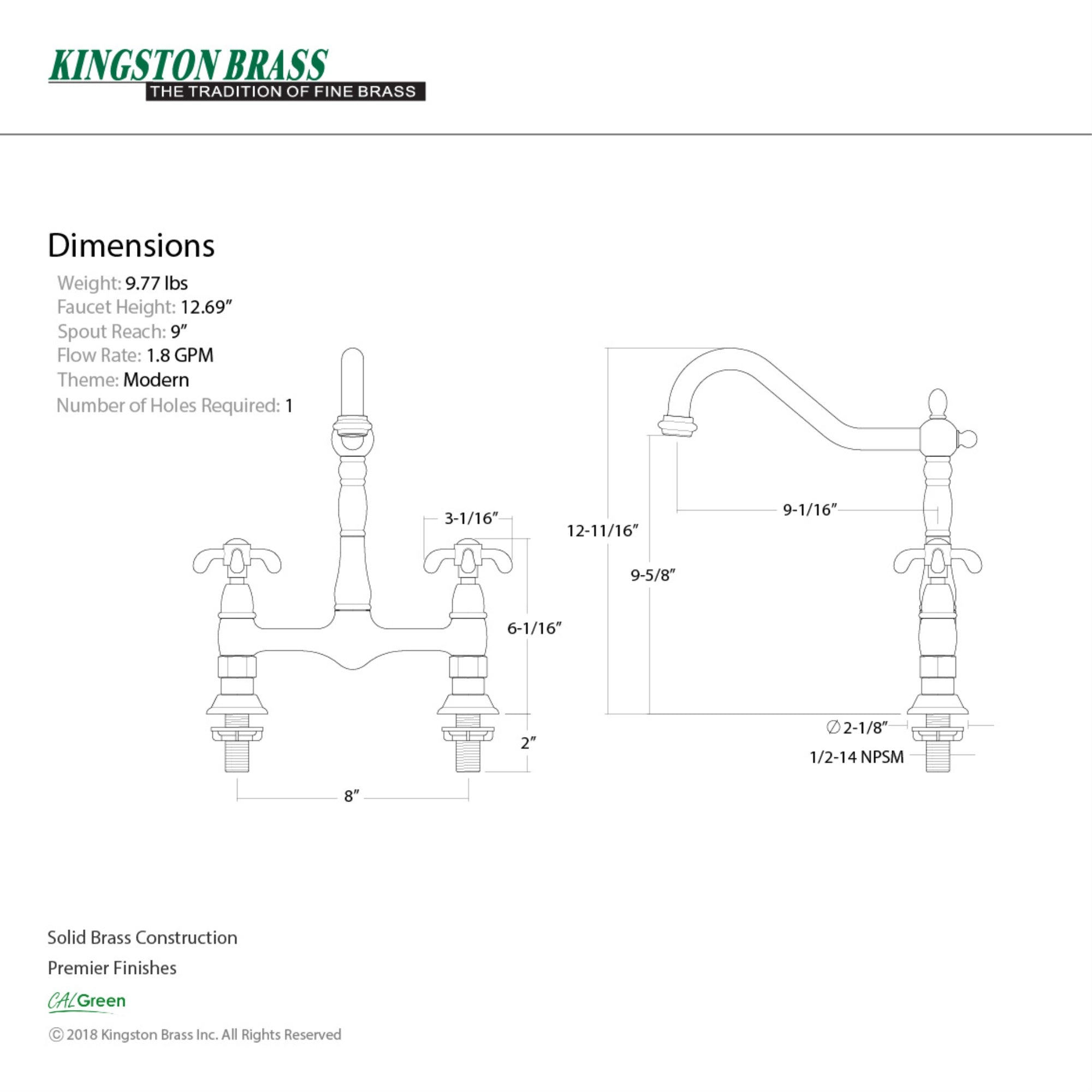 Kingston Brass Ks1171Tx French Country Kitchen Bridge Faucet, Polished Chrome