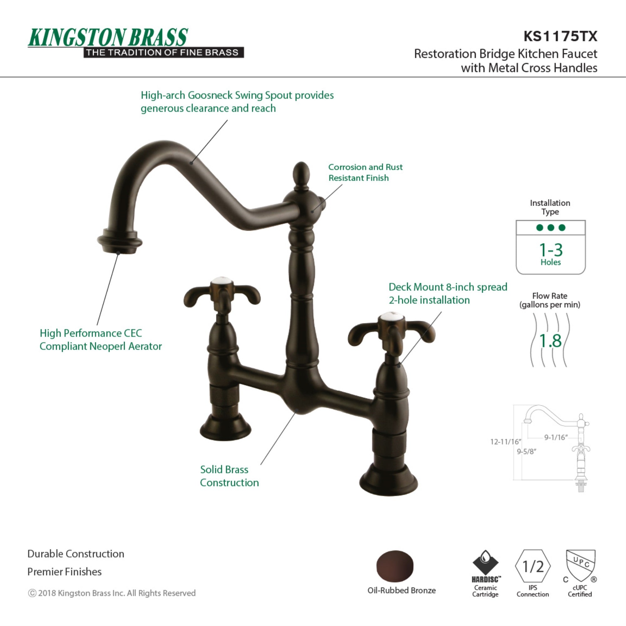 Kingston Brass Ks1175Tx French Country Kitchen Bridge Faucet, Oil Rubbed Bronze