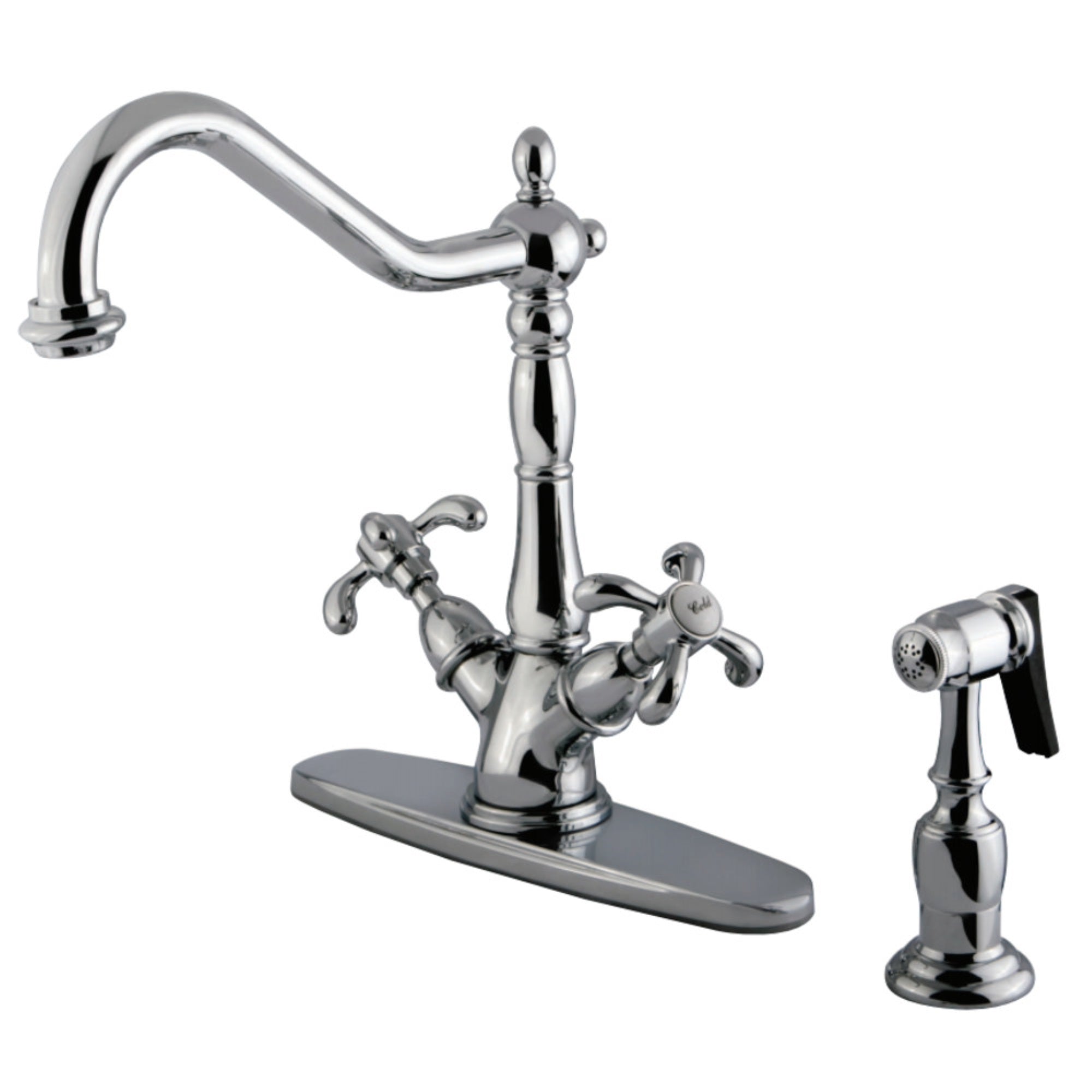 Kingston Brass Ks1231Txbs French Country Mono Deck Mount Kitchen Faucet With Brass Sprayer, Cp