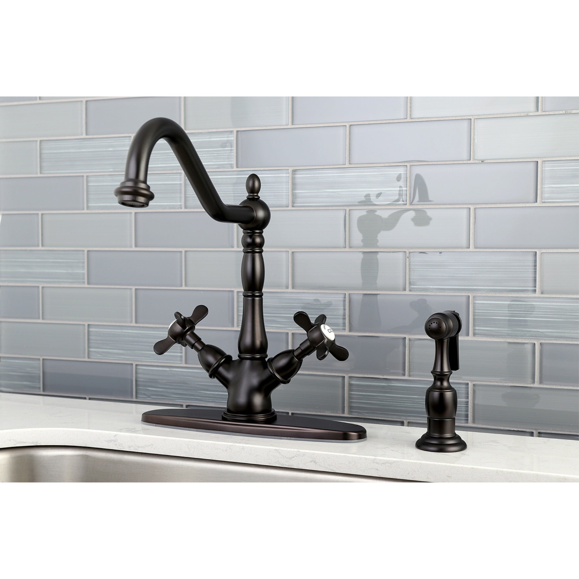 Kingston Brass KS1235BEXBS Mono Deck Mount Kitchen Faucet with Brass Sprayer  Oil Rubbed Bronze