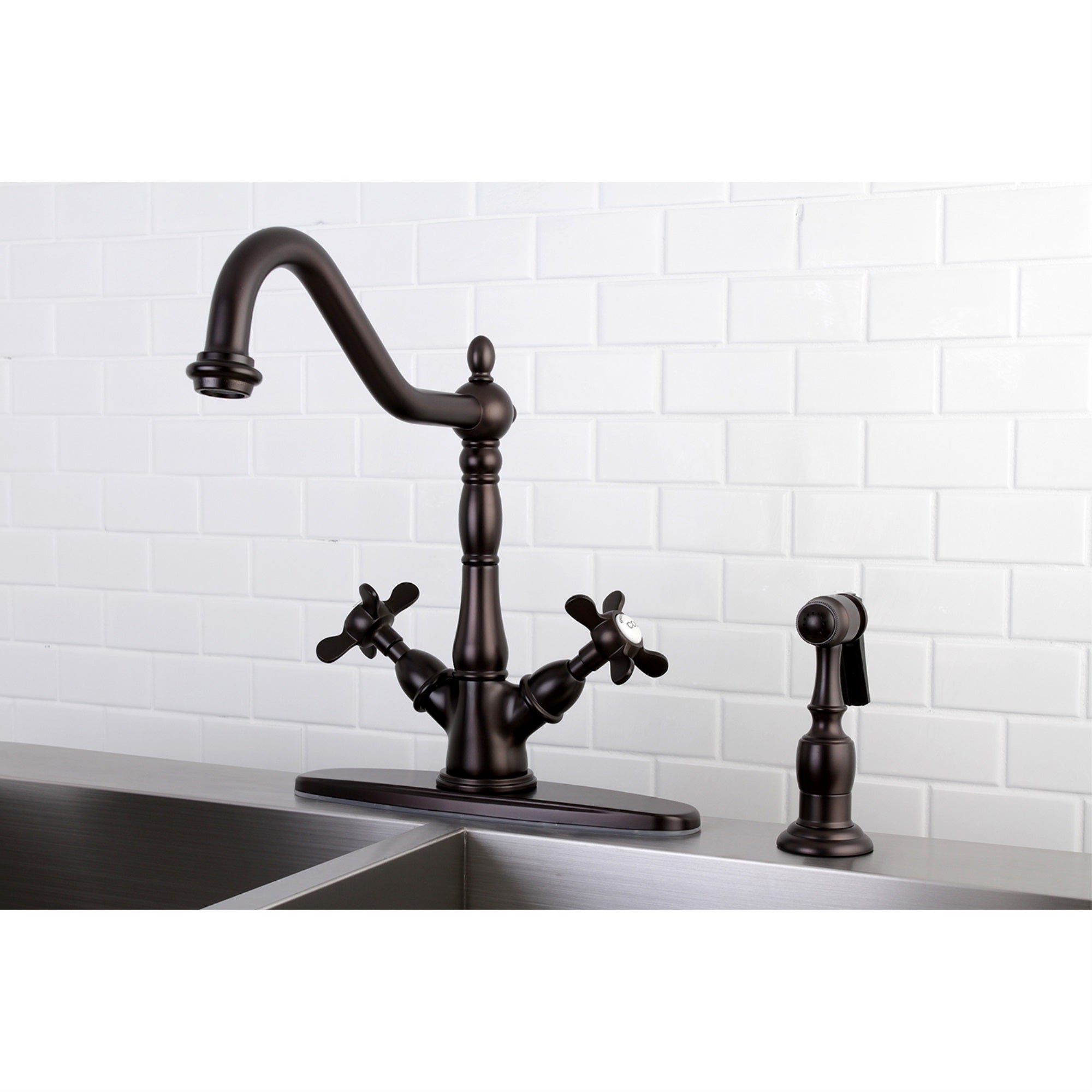 Kingston Brass KS1235BEXBS Mono Deck Mount Kitchen Faucet with Brass Sprayer  Oil Rubbed Bronze