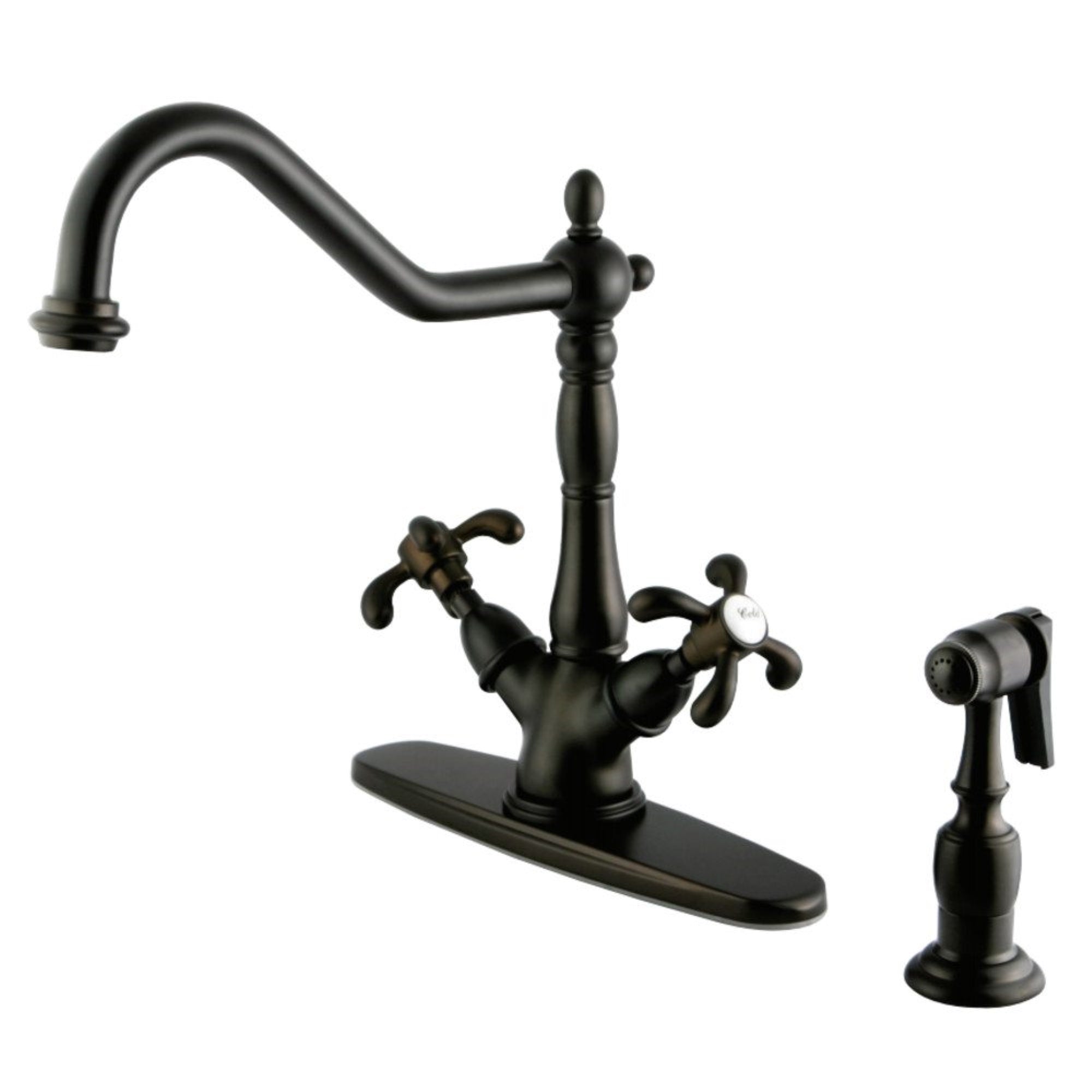 Kingston Brass Ks1235Txbs French Country Mono Deck Mount Kitchen Faucet With Brass Sprayer, Oil Rubbed Bronze