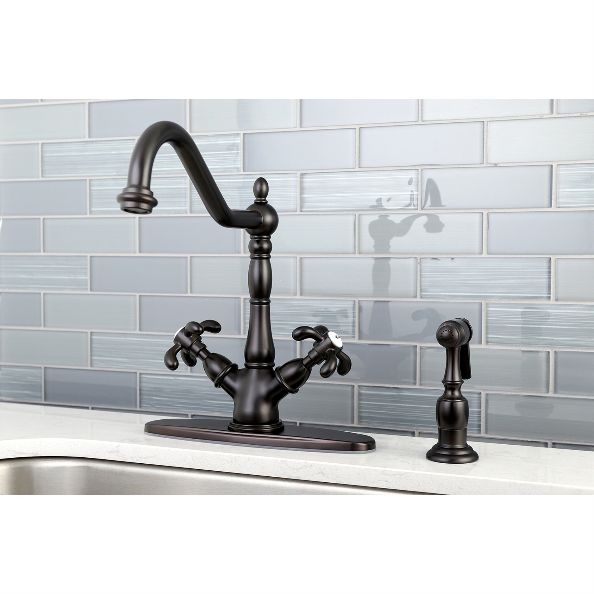 Kingston Brass Ks1235Txbs French Country Mono Deck Mount Kitchen Faucet With Brass Sprayer, Oil Rubbed Bronze