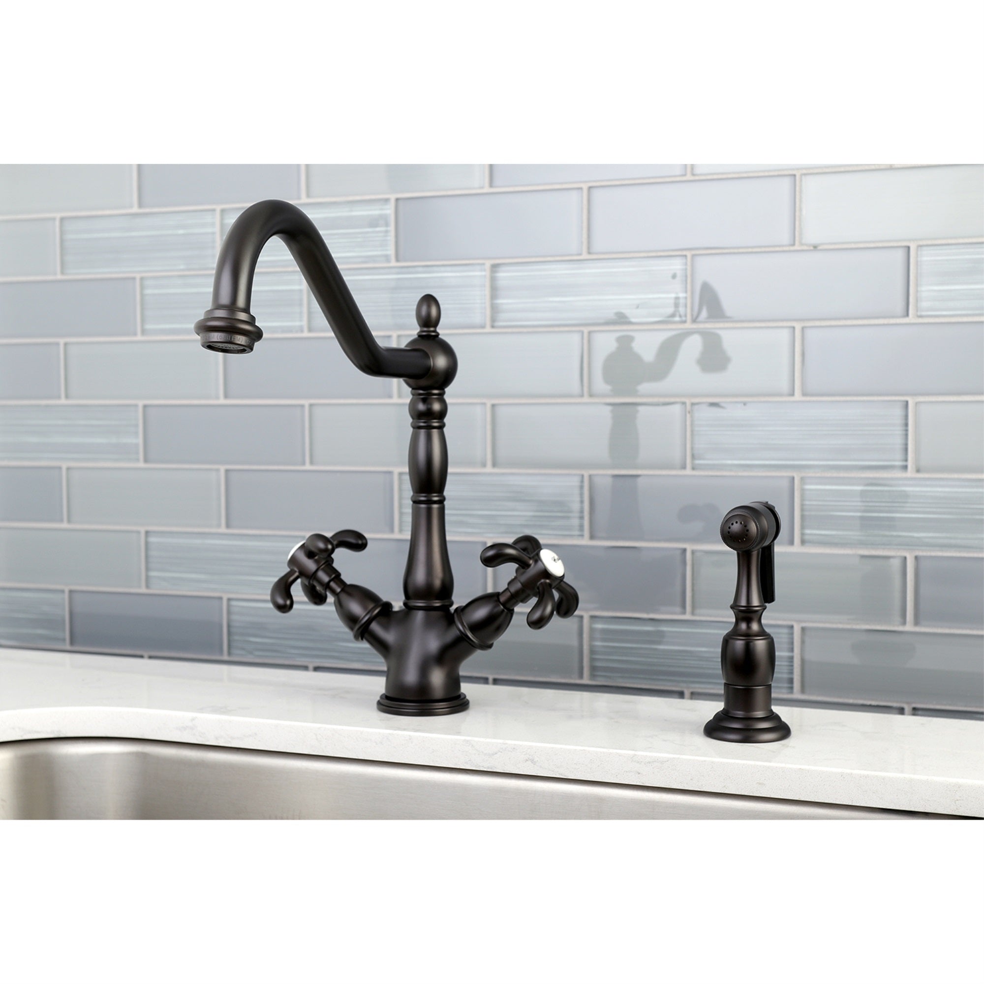 Kingston Brass Ks1235Txbs French Country Mono Deck Mount Kitchen Faucet With Brass Sprayer, Oil Rubbed Bronze